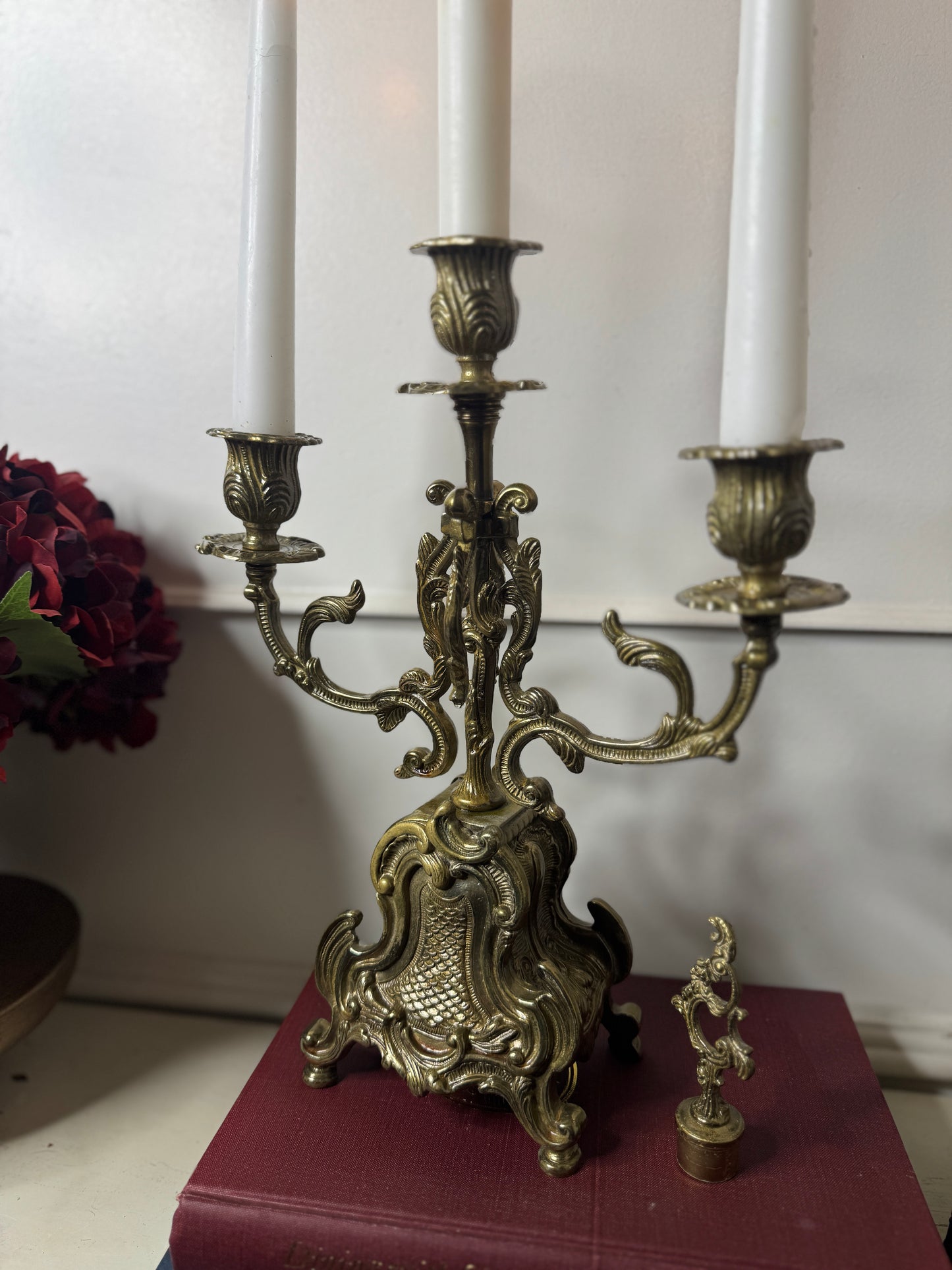Vintage Rococo Style Brass Candelabra, Ornate 3-Arm Candlestick Holder Pair with Matching Candle Snuffer