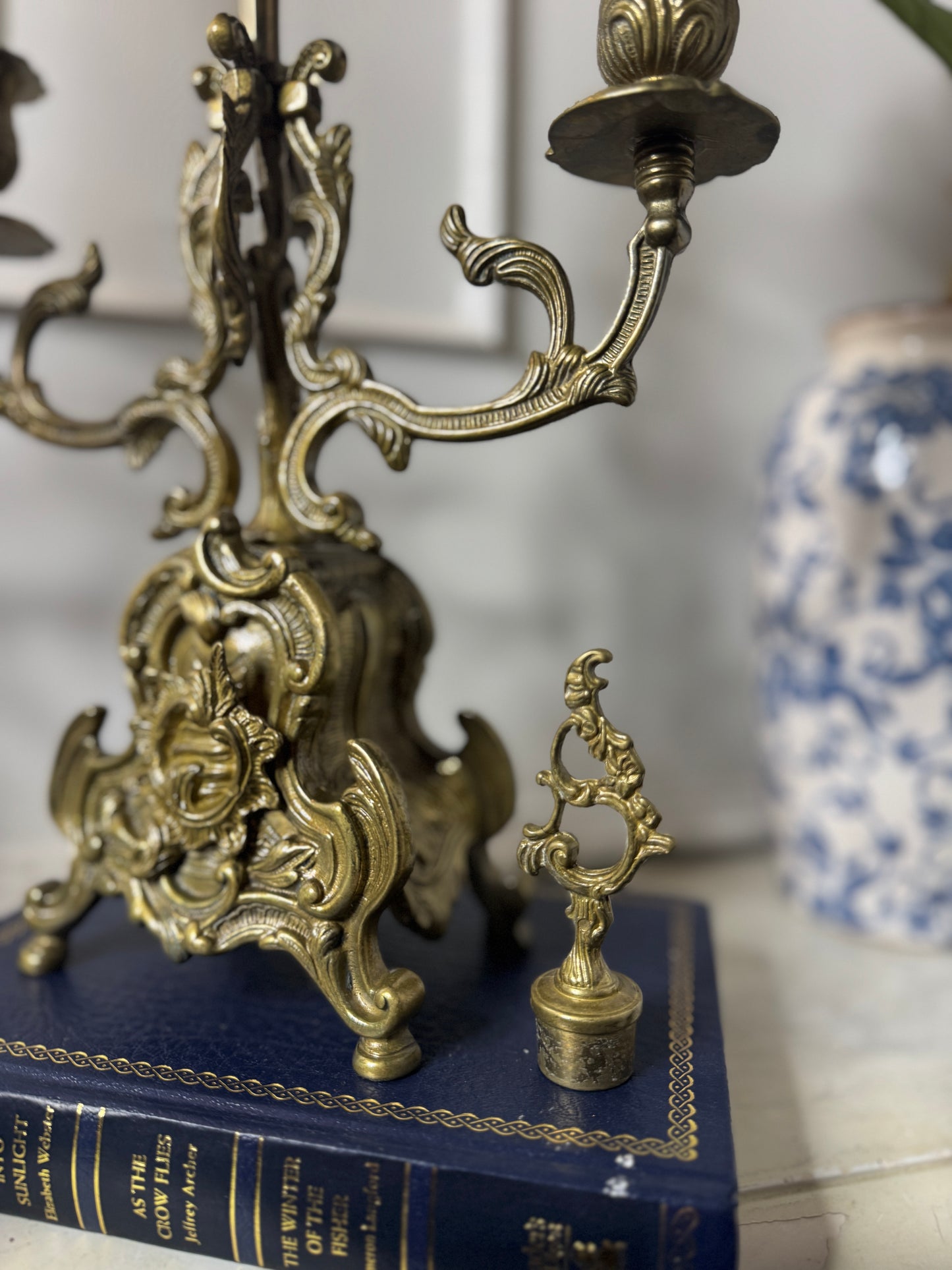 Vintage Rococo Style Brass Candelabra, Ornate 3-Arm Candlestick Holder Pair with Matching Candle Snuffer