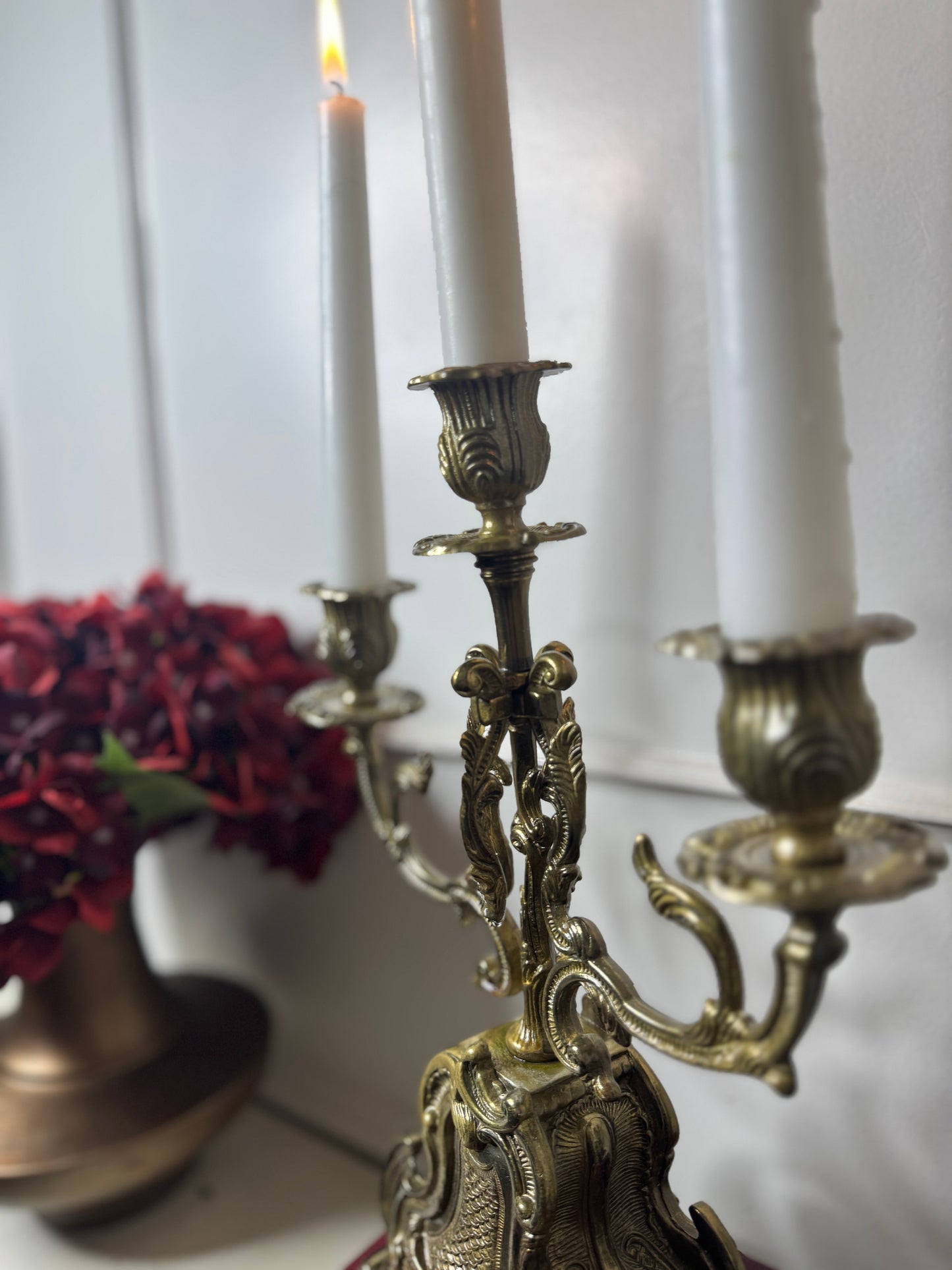 Vintage Rococo Style Brass Candelabra, Ornate 3-Arm Candlestick Holder Pair with Matching Candle Snuffer