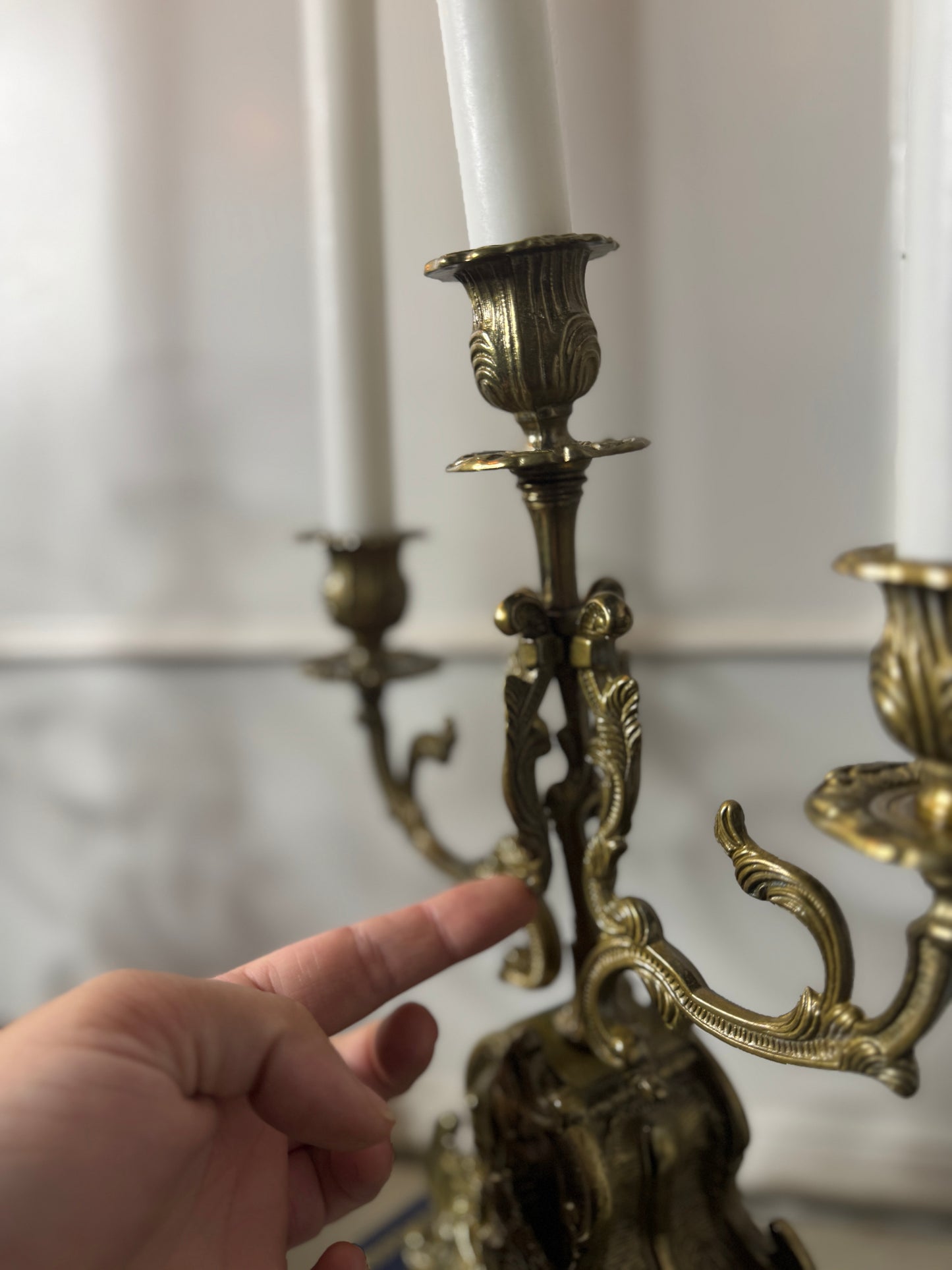 Vintage Rococo Style Brass Candelabra, Ornate 3-Arm Candlestick Holder Pair with Matching Candle Snuffer