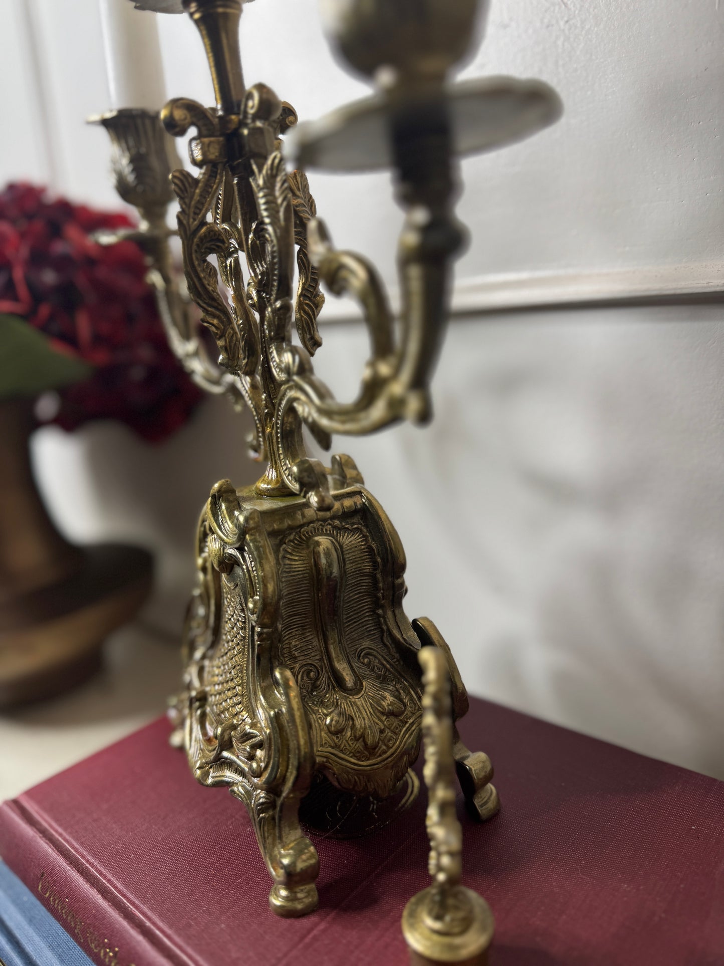 Vintage Rococo Style Brass Candelabra, Ornate 3-Arm Candlestick Holder Pair with Matching Candle Snuffer