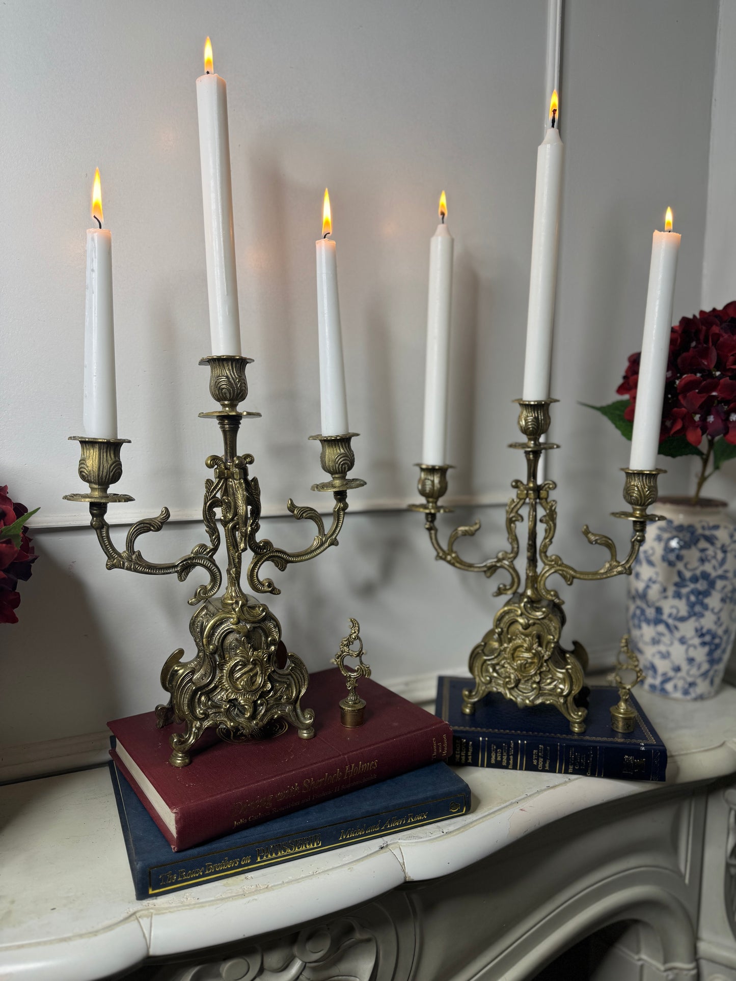 Vintage Rococo Style Brass Candelabra, Ornate 3-Arm Candlestick Holder Pair with Matching Candle Snuffer