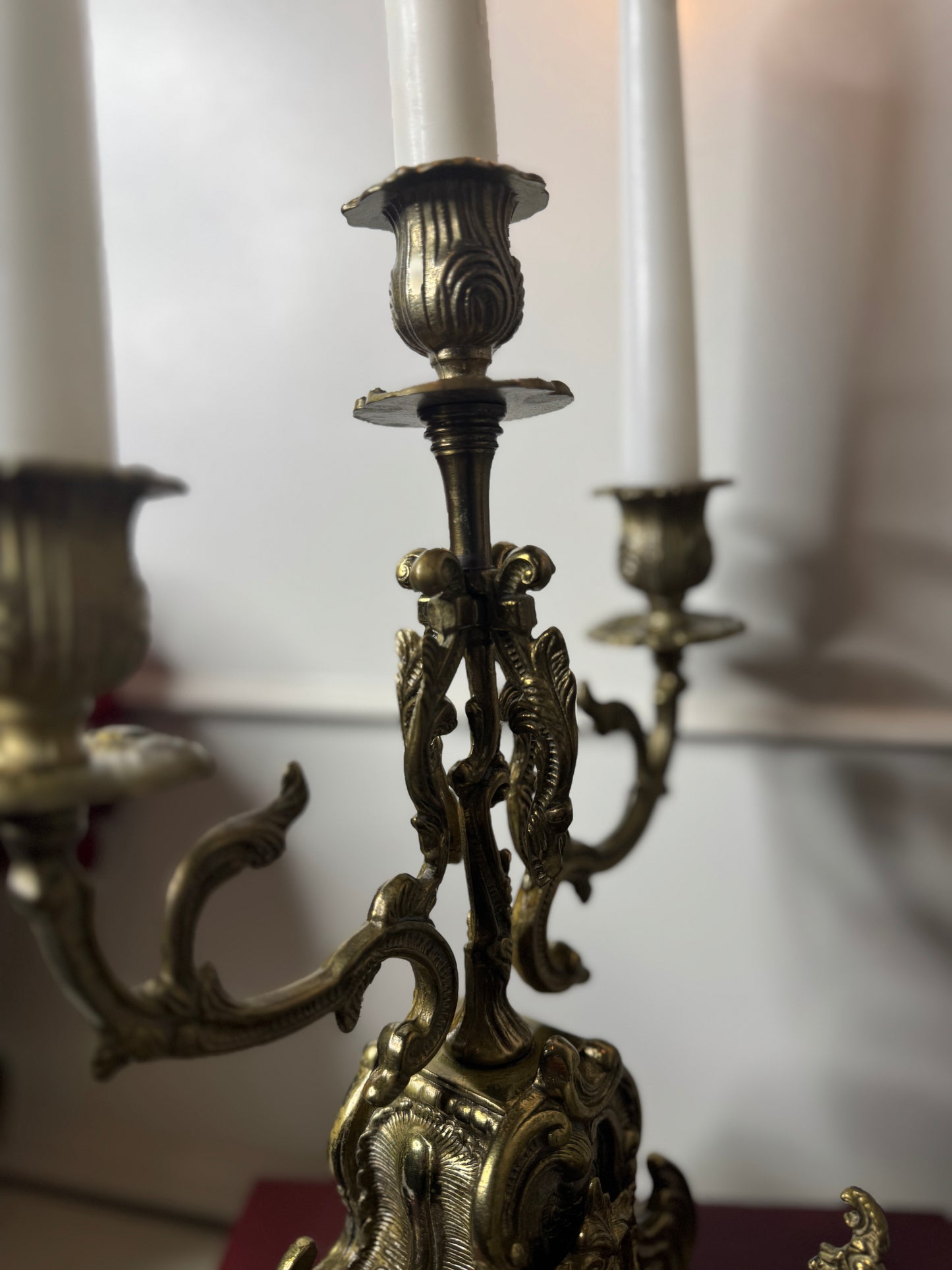 Vintage Rococo Style Brass Candelabra, Ornate 3-Arm Candlestick Holder Pair with Matching Candle Snuffer