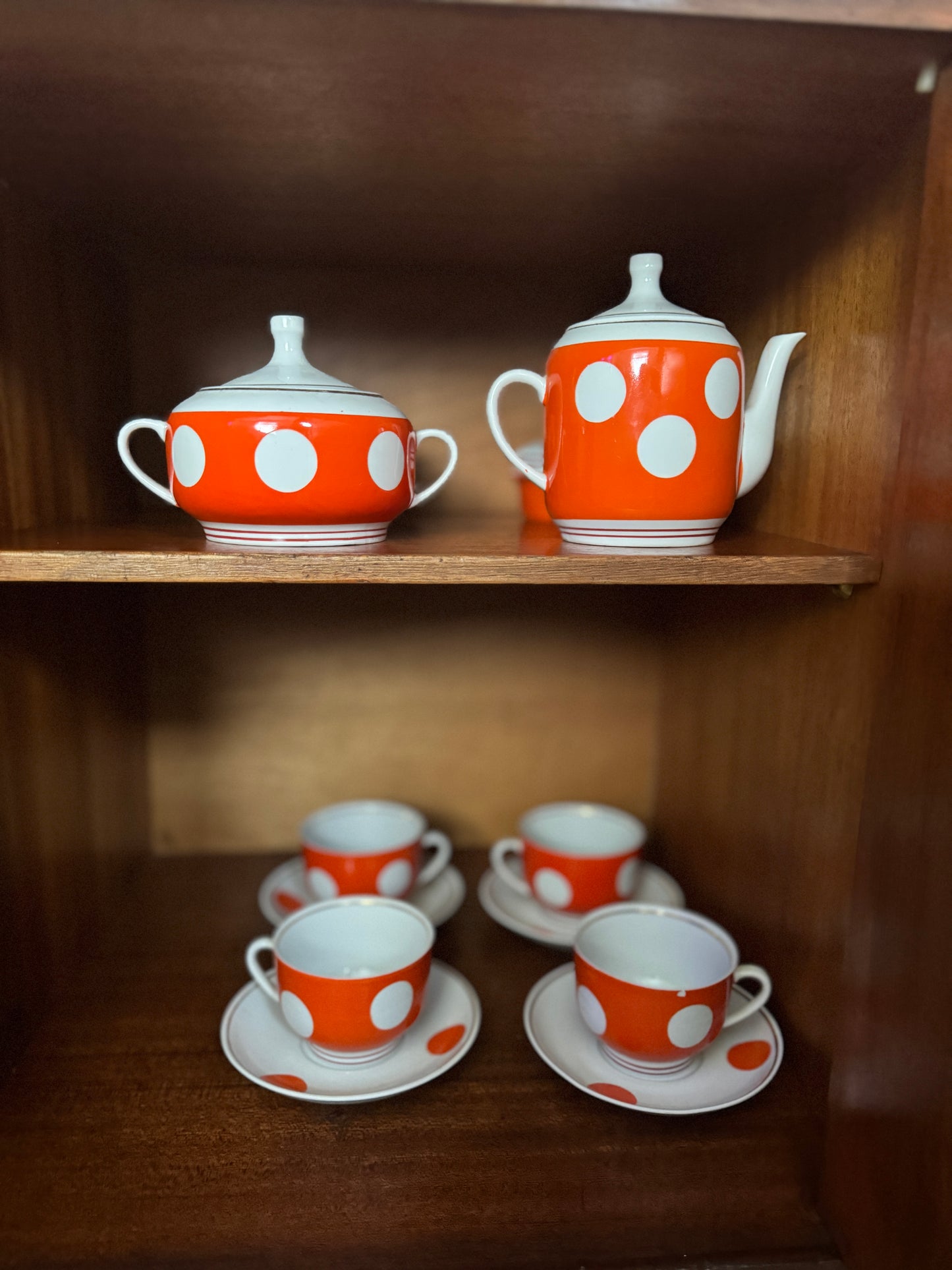 Vintage Soviet Polka Dot Porcelain Tea Set – 15 Piece Mid-Century Tea Service