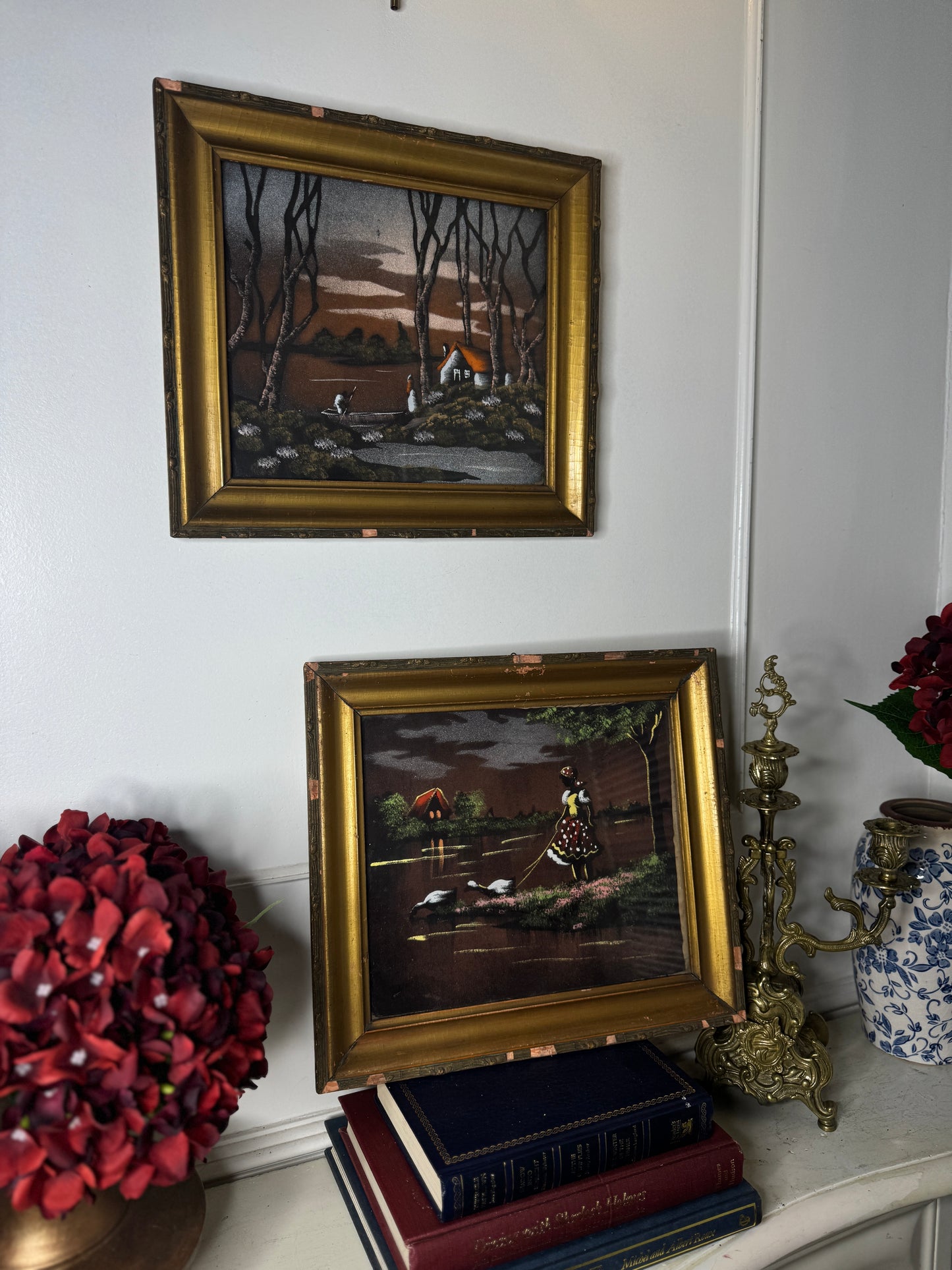 Hungarian Textile Artwork Set in Gold Gilt Frames – Antique Pair (c. 1950s)