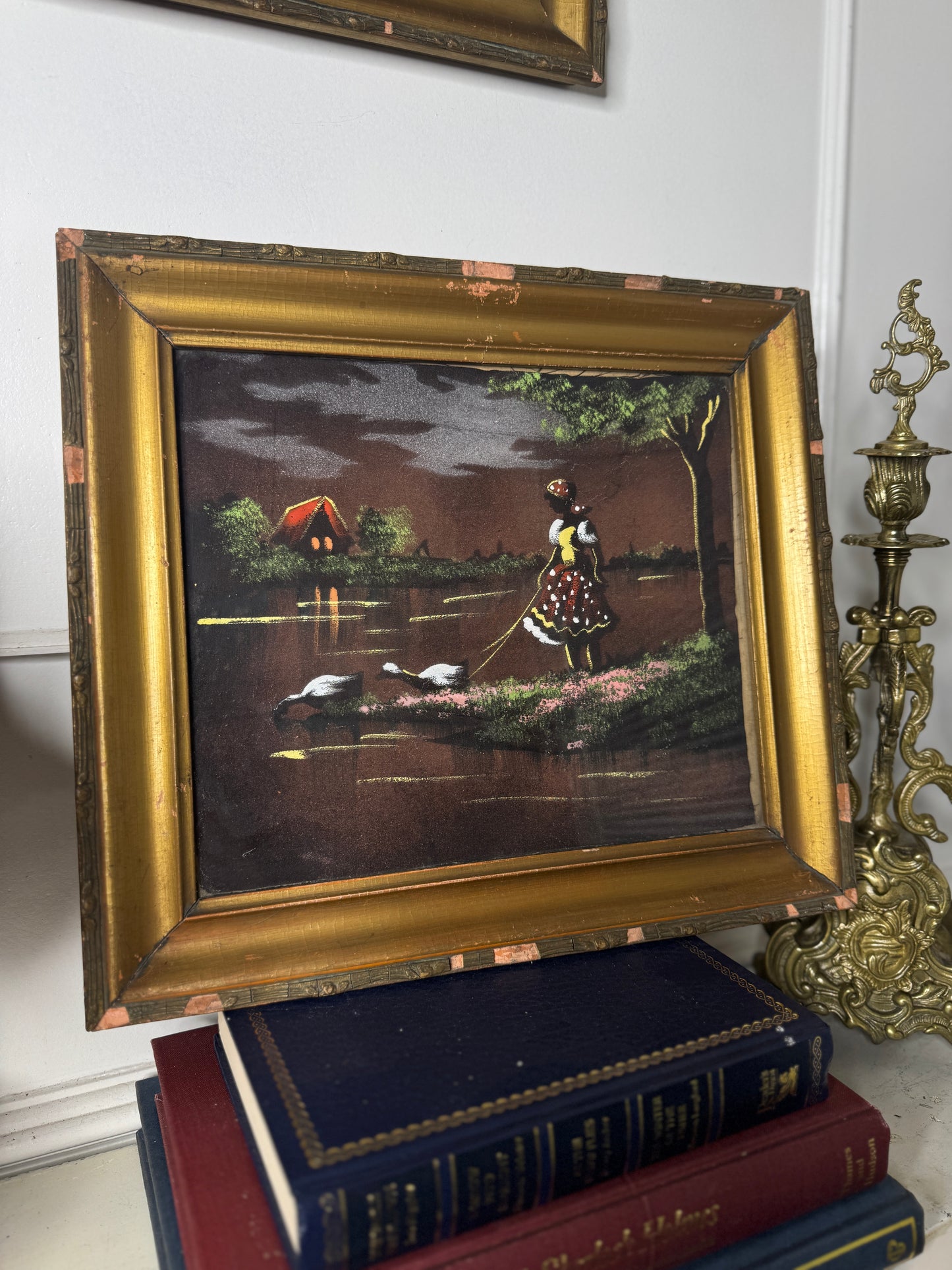 Hungarian Textile Artwork Set in Gold Gilt Frames – Antique Pair (c. 1950s)