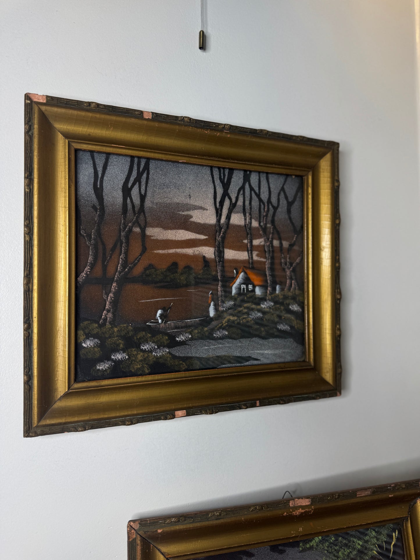 Hungarian Textile Artwork Set in Gold Gilt Frames – Antique Pair (c. 1950s)