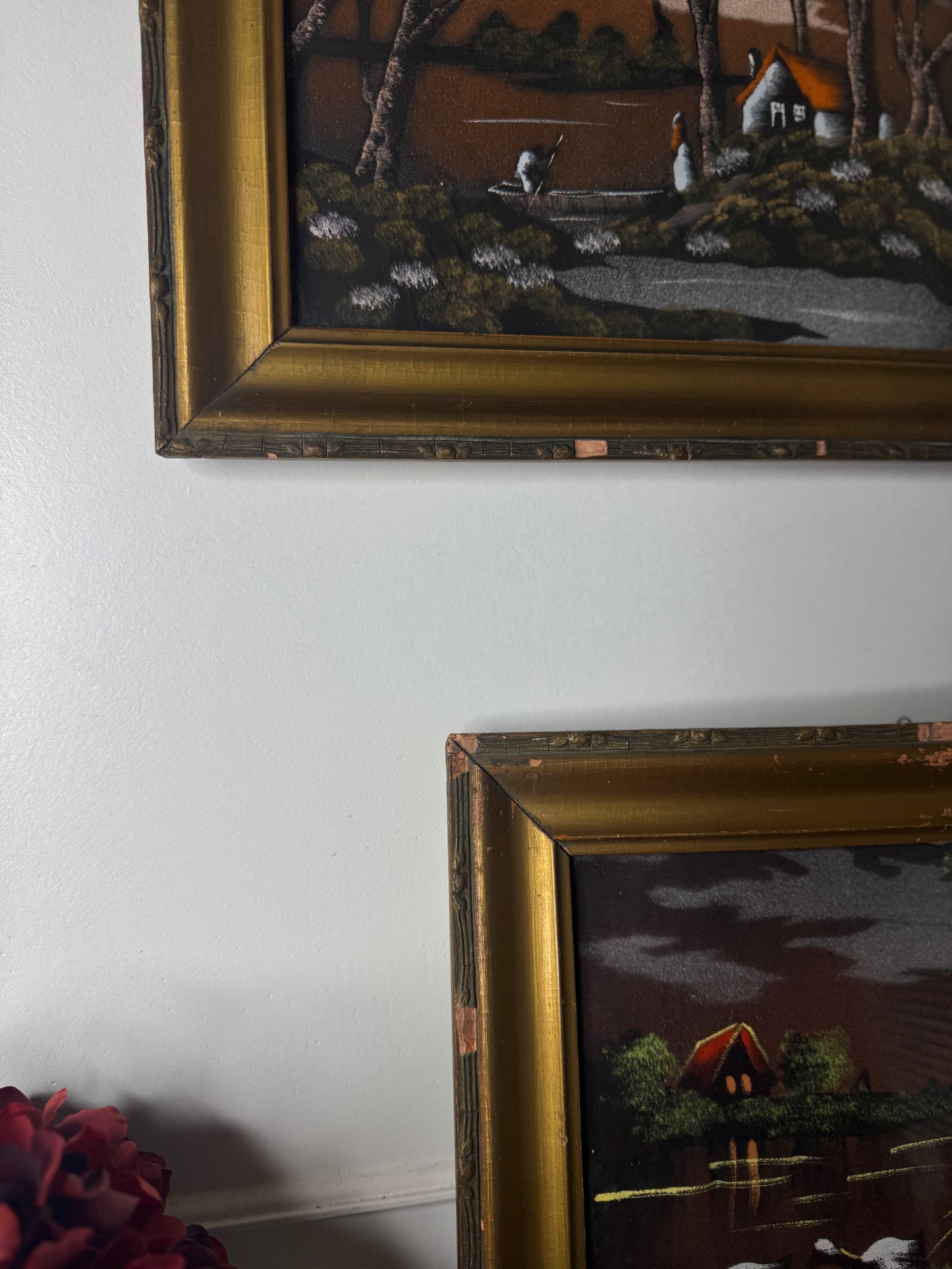 Hungarian Textile Artwork Set in Gold Gilt Frames – Antique Pair (c. 1950s)