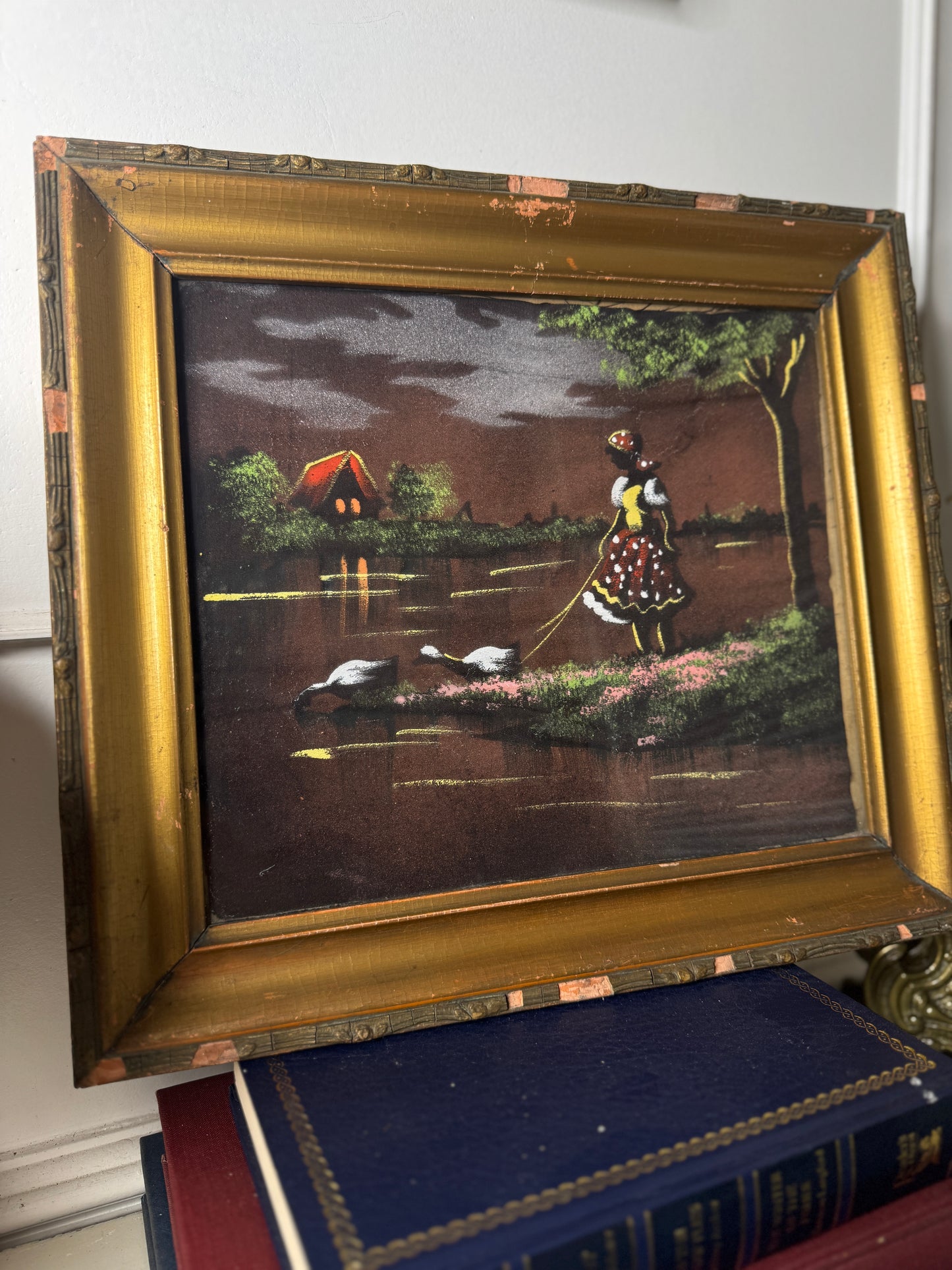 Hungarian Textile Artwork Set in Gold Gilt Frames – Antique Pair (c. 1950s)