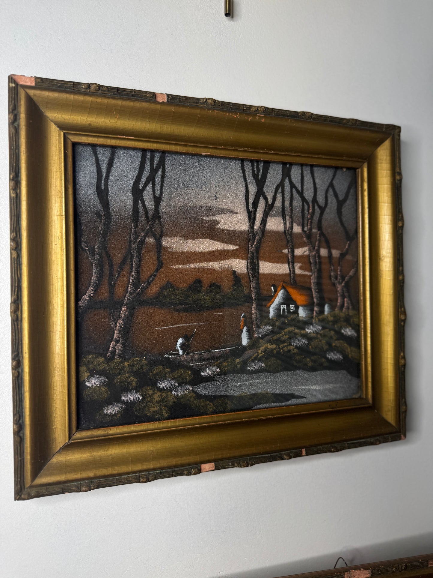 Hungarian Textile Artwork Set in Gold Gilt Frames – Antique Pair (c. 1950s)