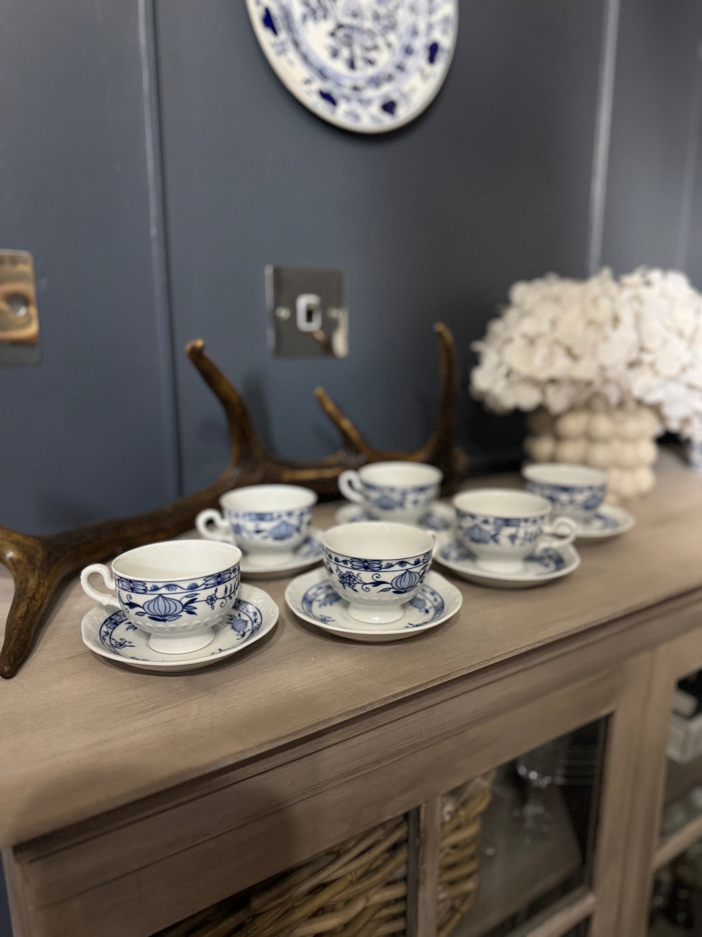 Vintage Volkstedt Pastorale Blue Onion Coffee Cup & Saucer Set – Set of 6, Germany
