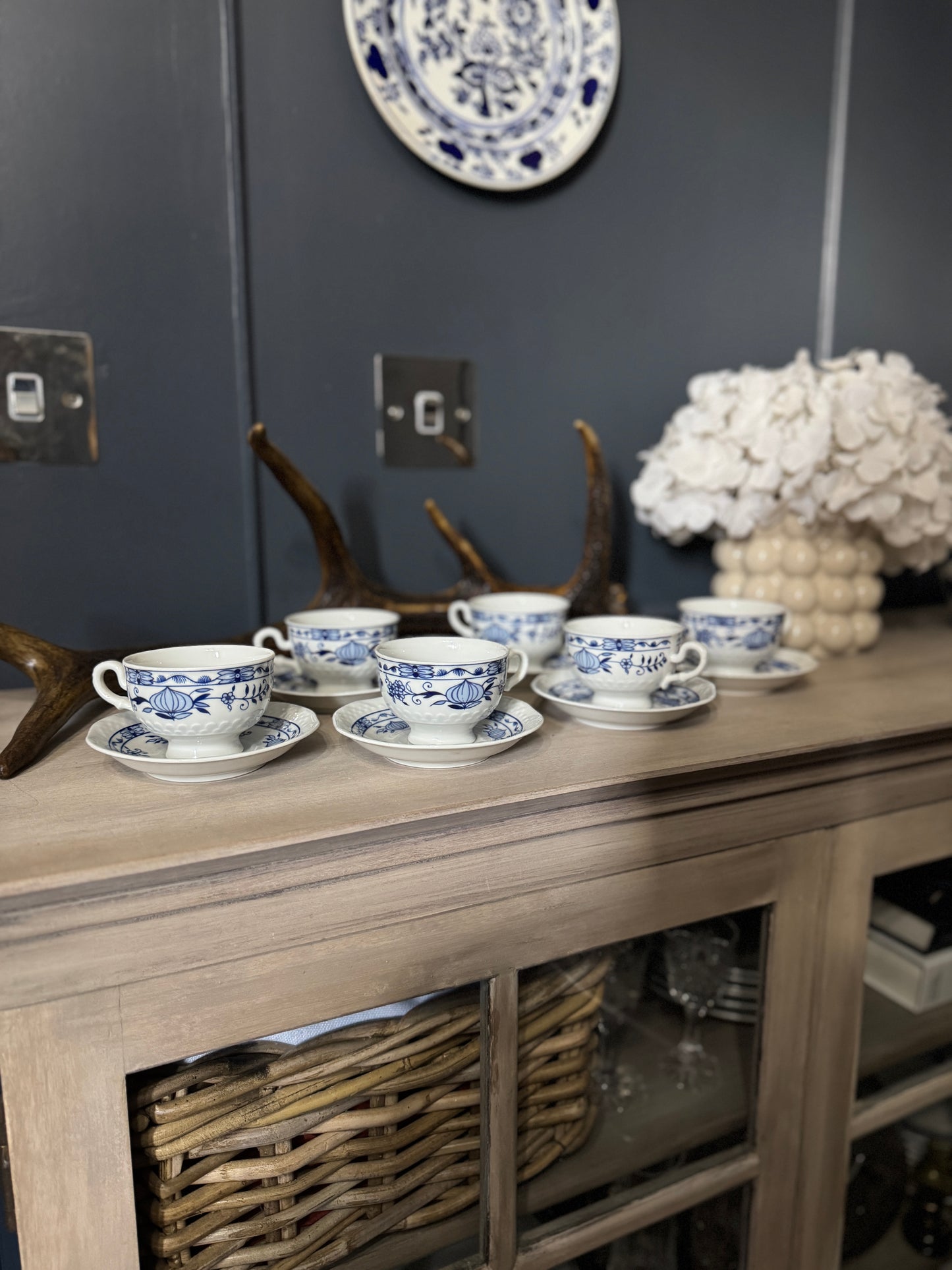 Vintage Volkstedt Pastorale Blue Onion Coffee Cup & Saucer Set – Set of 6, Germany