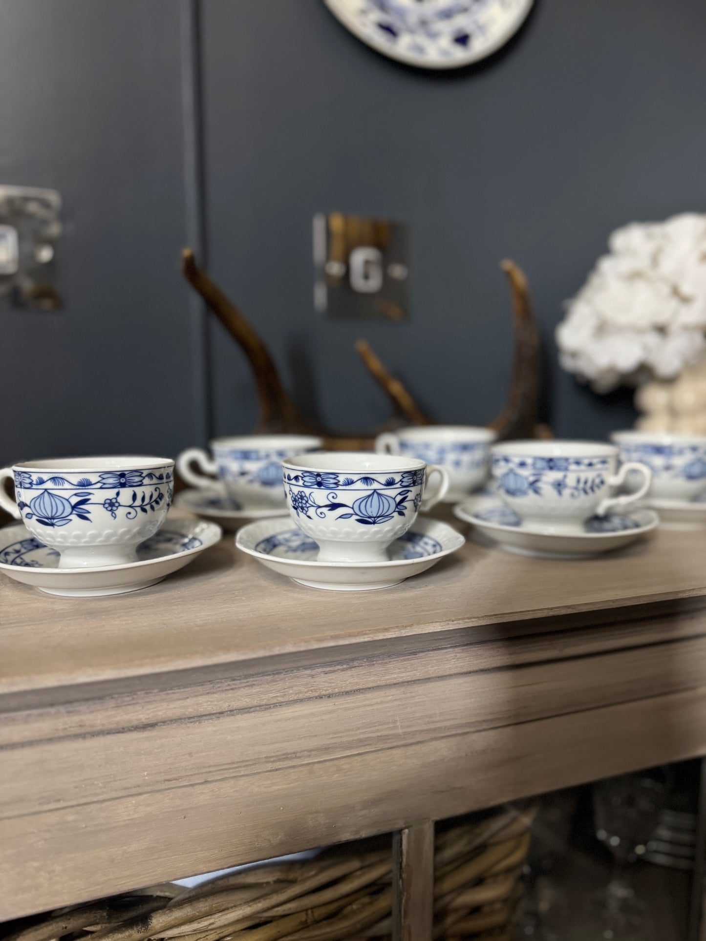 Vintage Volkstedt Pastorale Blue Onion Coffee Cup & Saucer Set – Set of 6, Germany