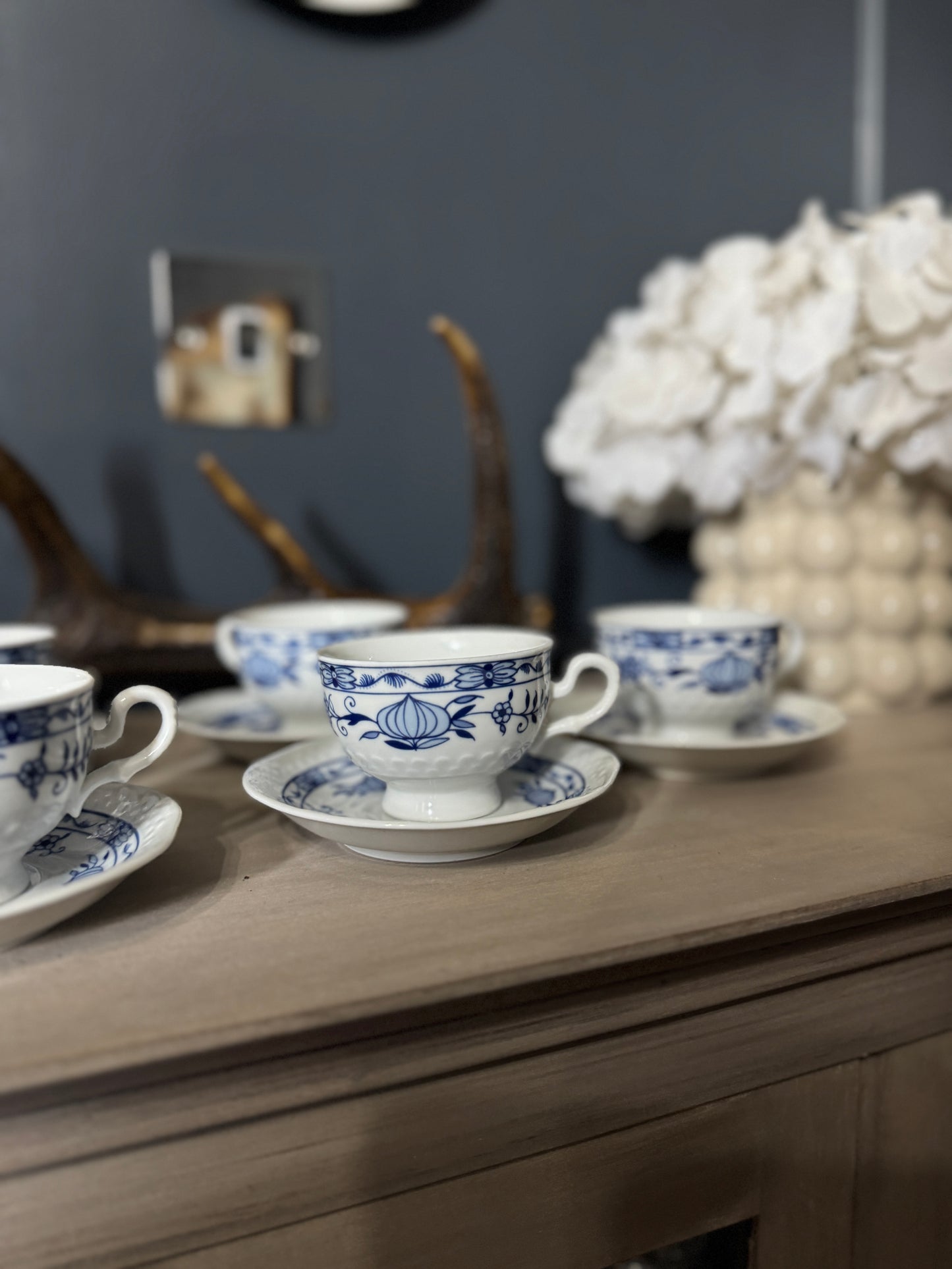 Vintage Volkstedt Pastorale Blue Onion Coffee Cup & Saucer Set – Set of 6, Germany