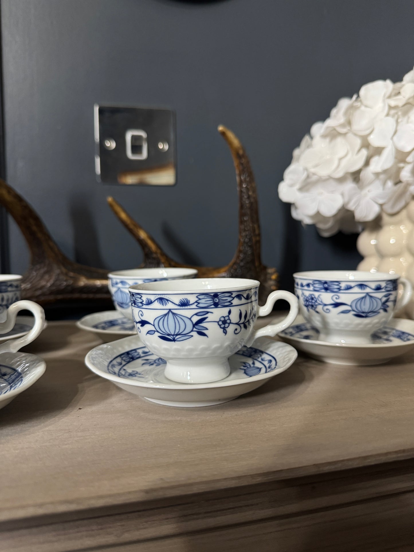 Vintage Volkstedt Pastorale Blue Onion Coffee Cup & Saucer Set – Set of 6, Germany