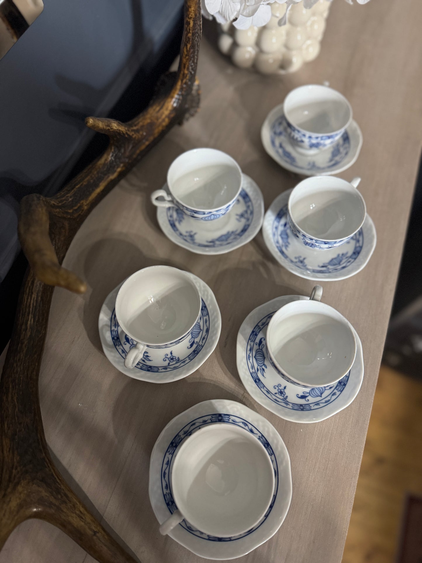 Vintage Volkstedt Pastorale Blue Onion Coffee Cup & Saucer Set – Set of 6, Germany