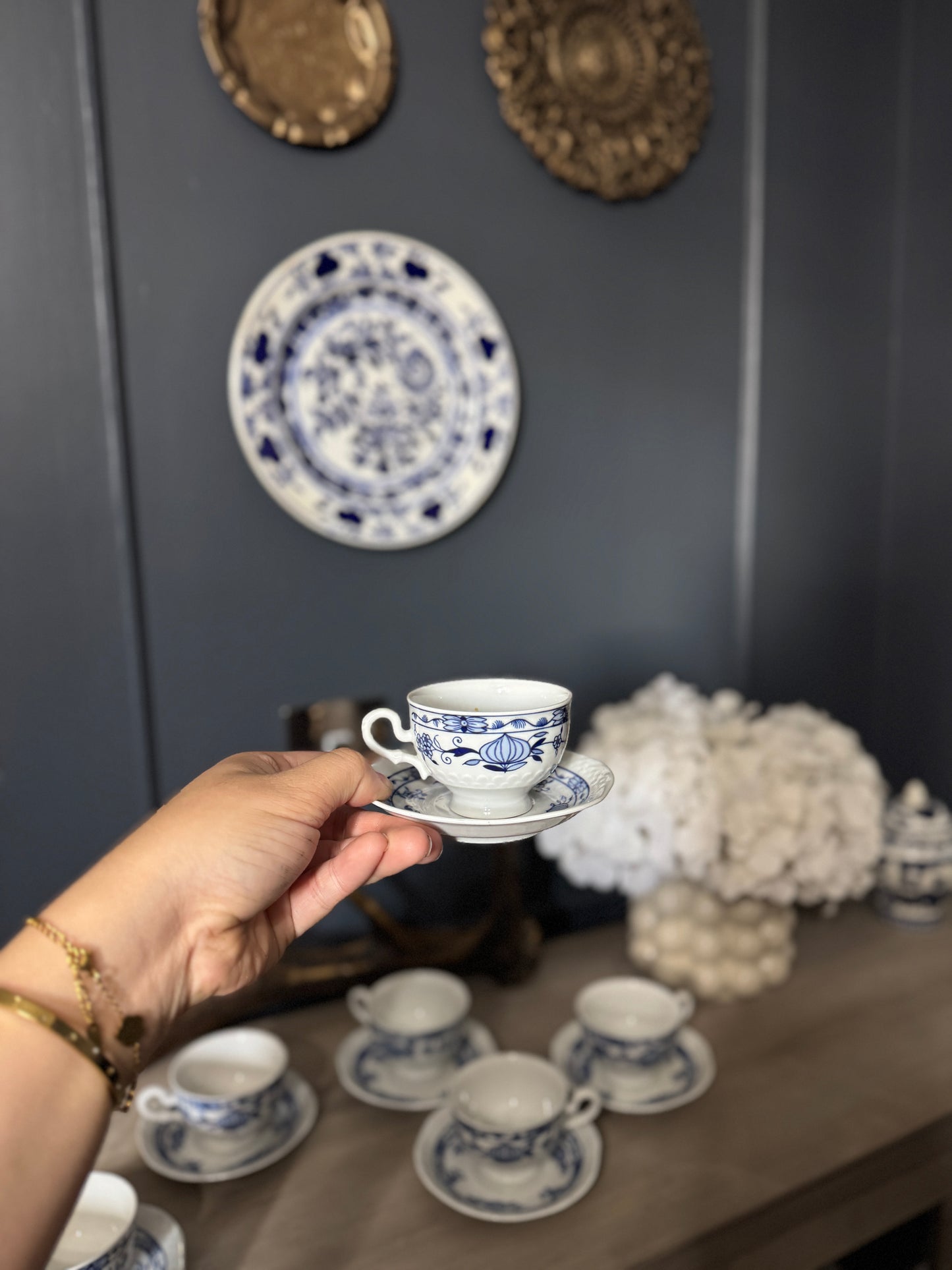 Vintage Volkstedt Pastorale Blue Onion Coffee Cup & Saucer Set – Set of 6, Germany