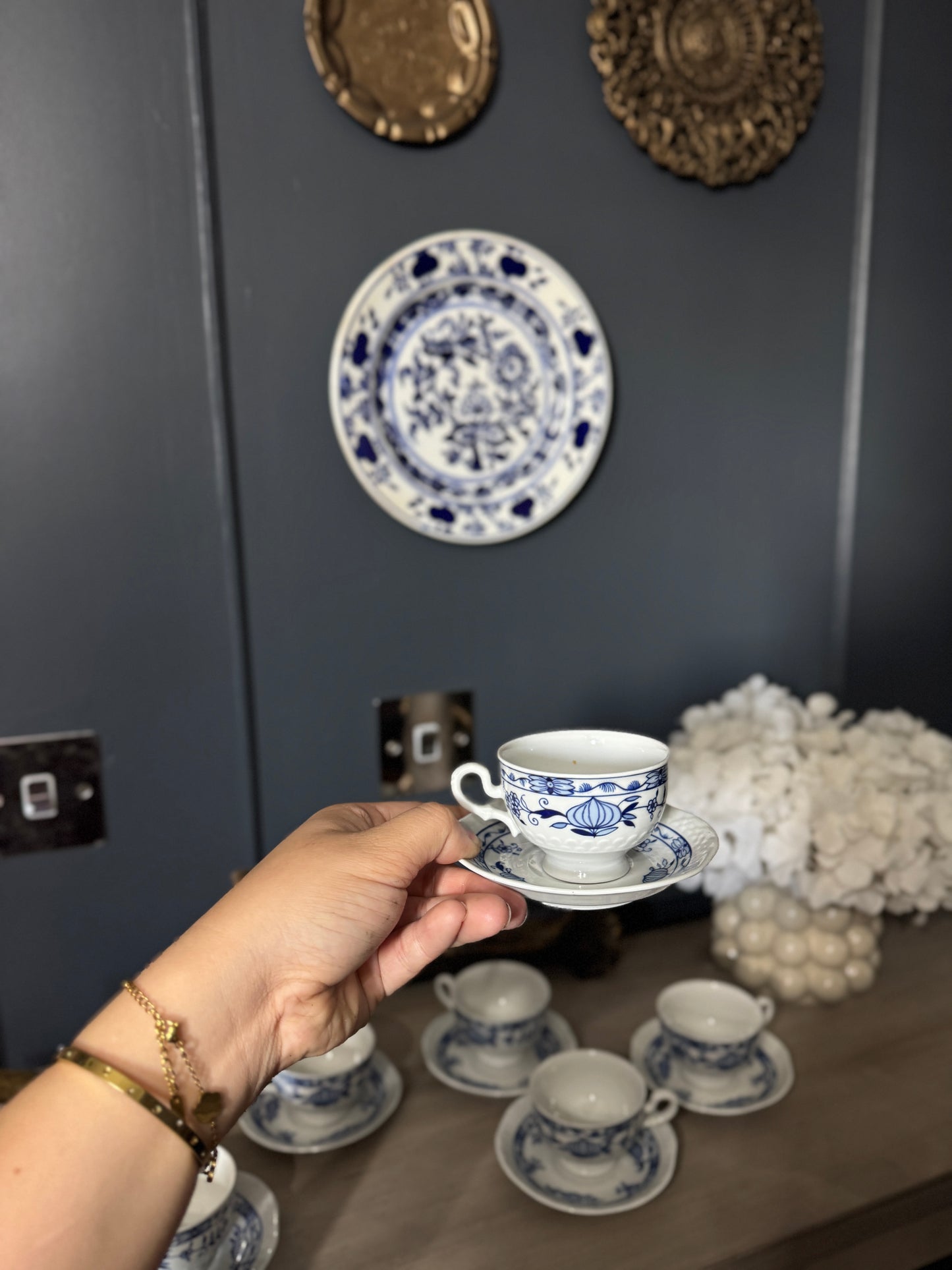 Vintage Volkstedt Pastorale Blue Onion Coffee Cup & Saucer Set – Set of 6, Germany