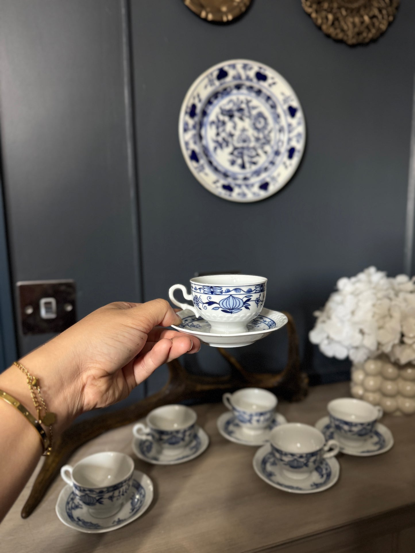 Vintage Volkstedt Pastorale Blue Onion Coffee Cup & Saucer Set – Set of 6, Germany