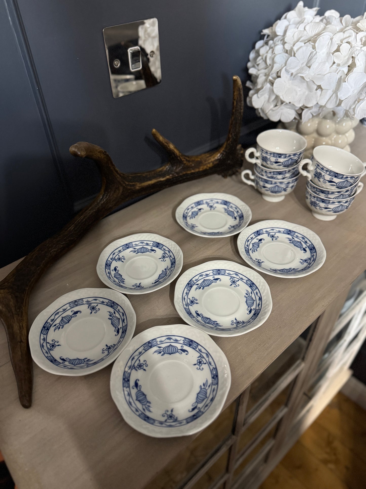 Vintage Volkstedt Pastorale Blue Onion Coffee Cup & Saucer Set – Set of 6, Germany