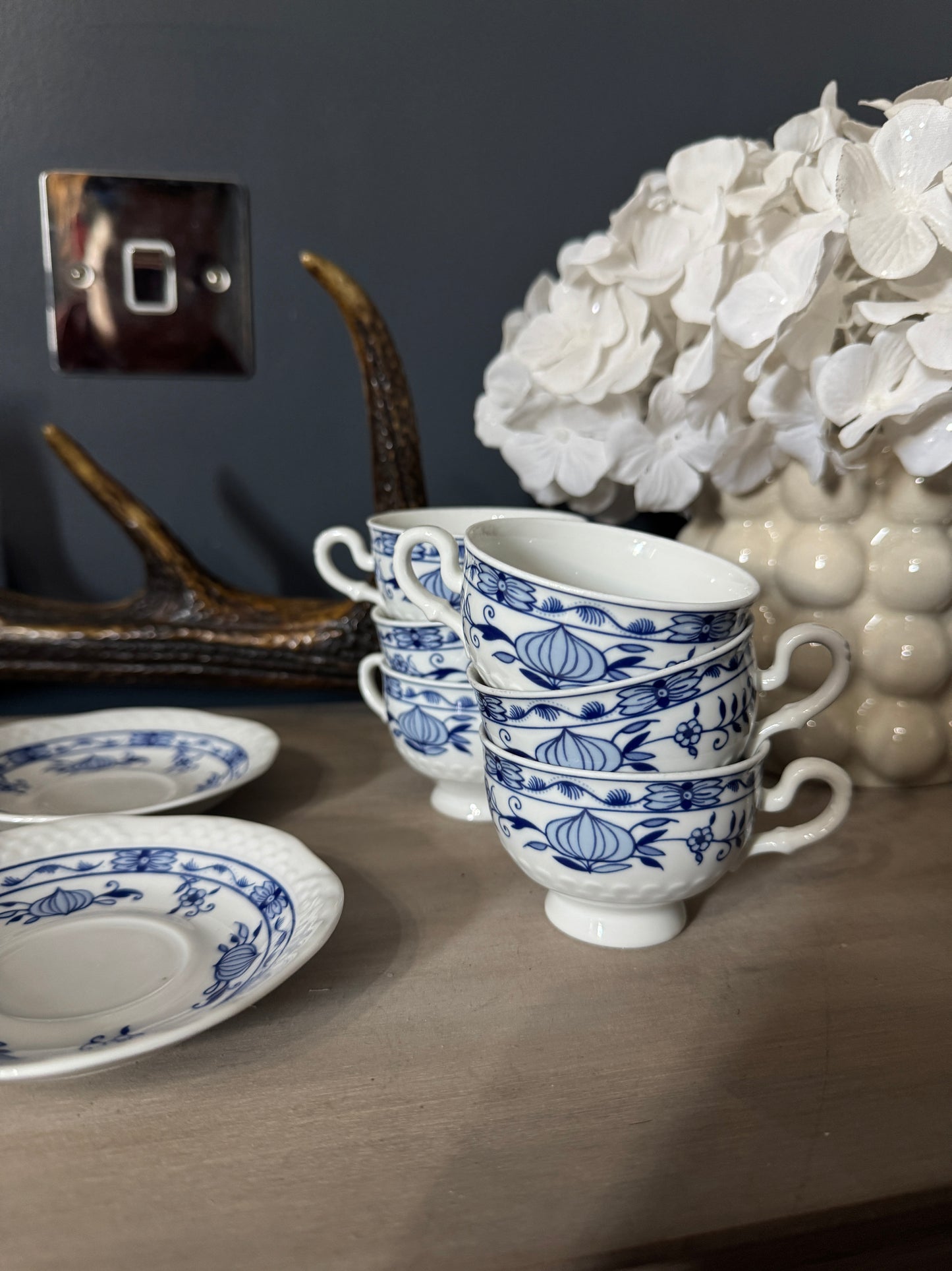 Vintage Volkstedt Pastorale Blue Onion Coffee Cup & Saucer Set – Set of 6, Germany