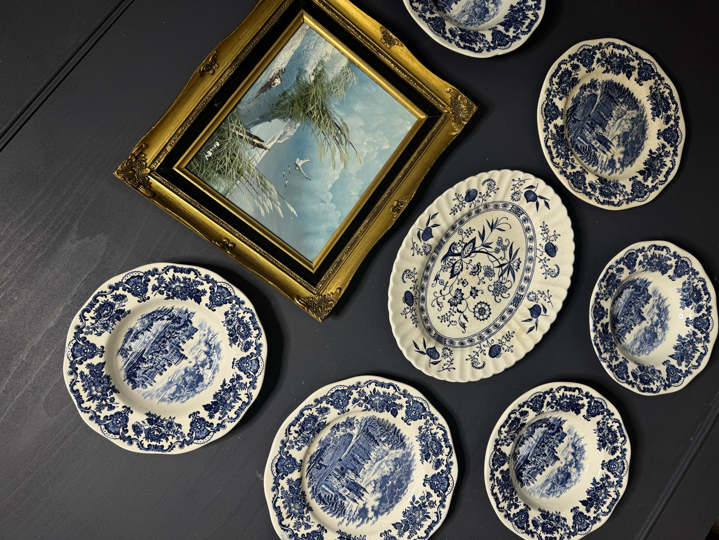 Grand Heritage Wall Set – Blue & White English Plates with Ornate Framed Painting