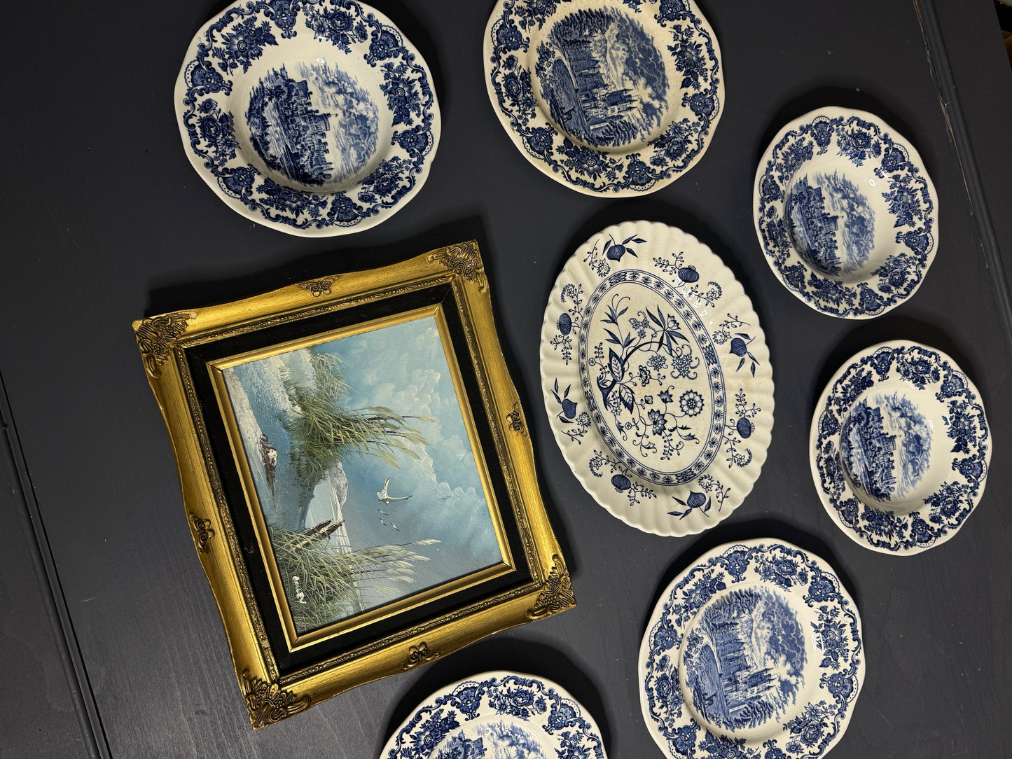 Grand Heritage Wall Set – Blue & White English Plates with Ornate Framed Painting