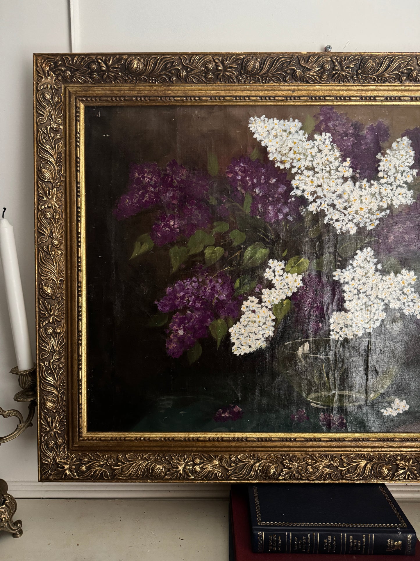 Large Imported Hungarian Oil Painting of Lilac in Ornate Gold Gilt Frame