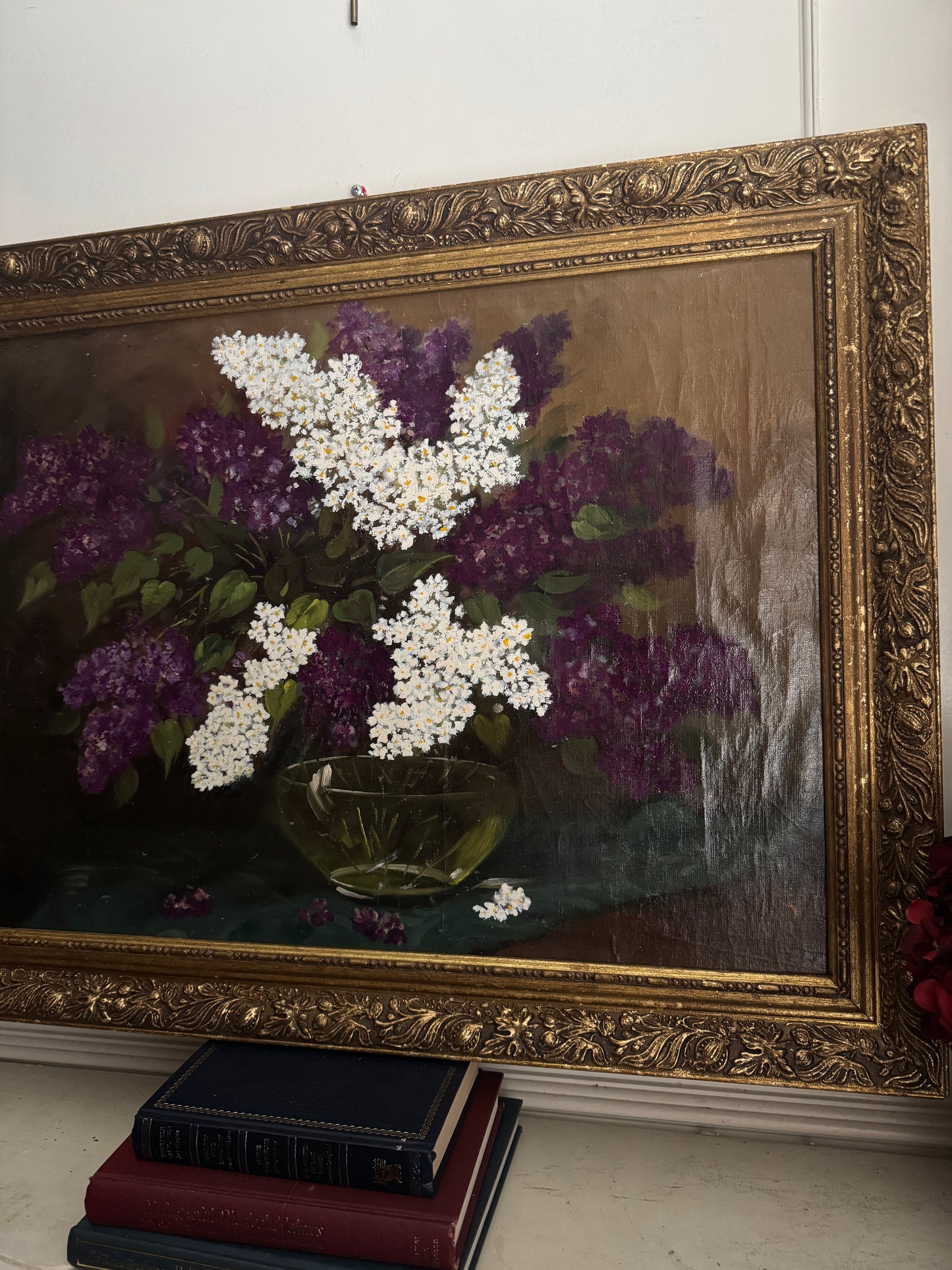 Large Imported Hungarian Oil Painting of Lilac in Ornate Gold Gilt Frame