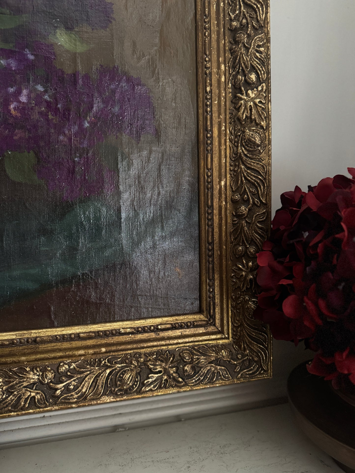 Large Imported Hungarian Oil Painting of Lilac in Ornate Gold Gilt Frame