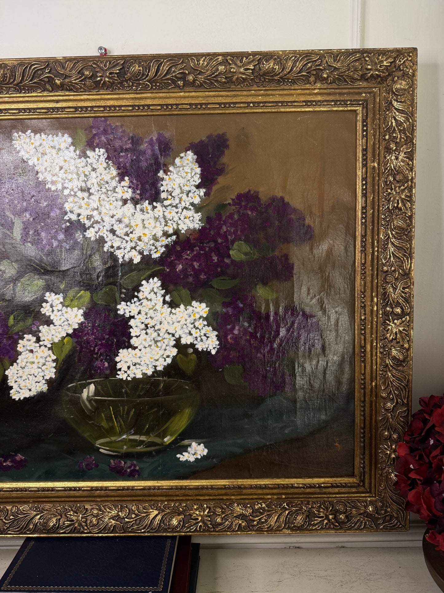 Large Imported Hungarian Oil Painting of Lilac in Ornate Gold Gilt Frame