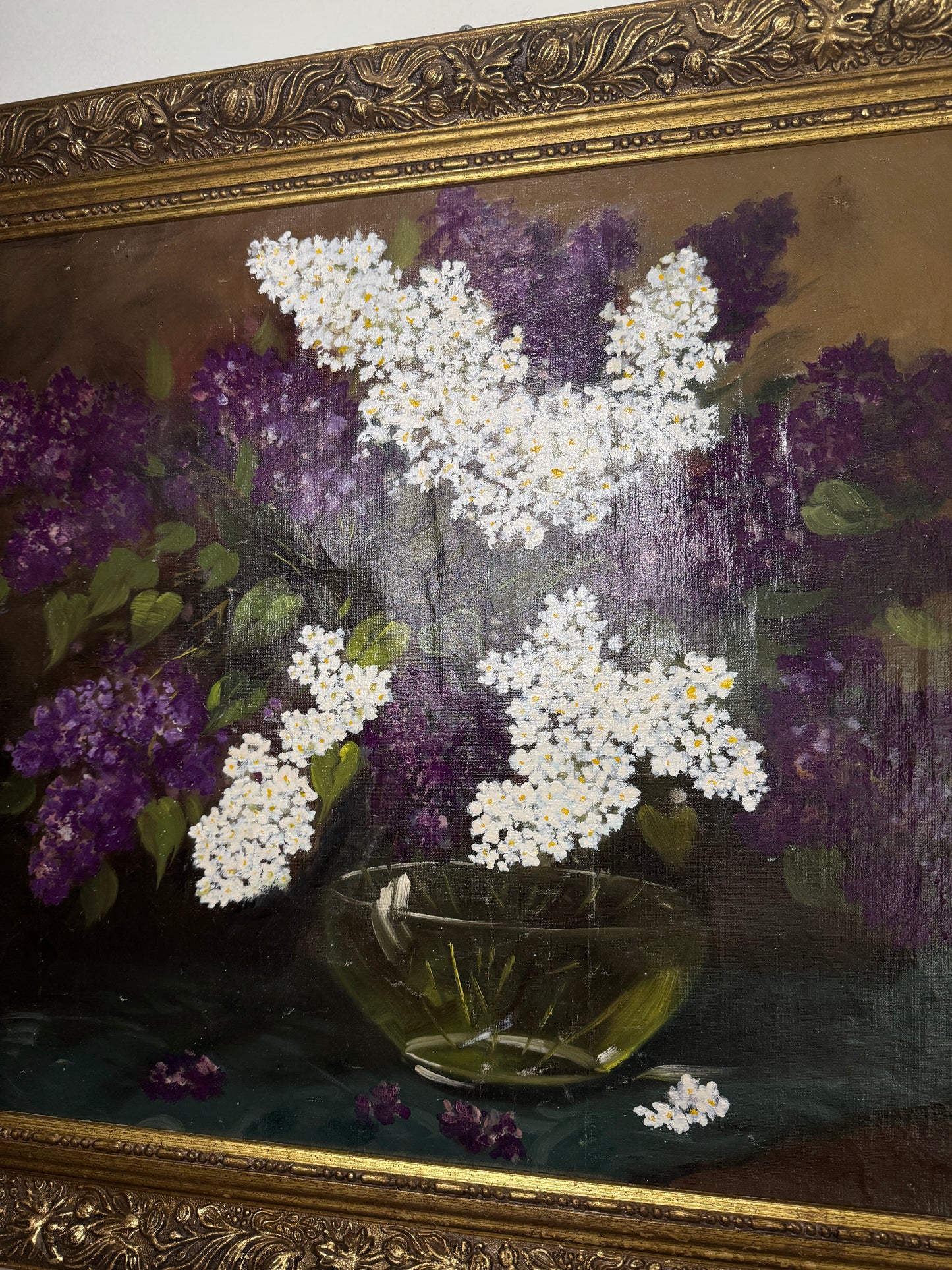 Large Imported Hungarian Oil Painting of Lilac in Ornate Gold Gilt Frame