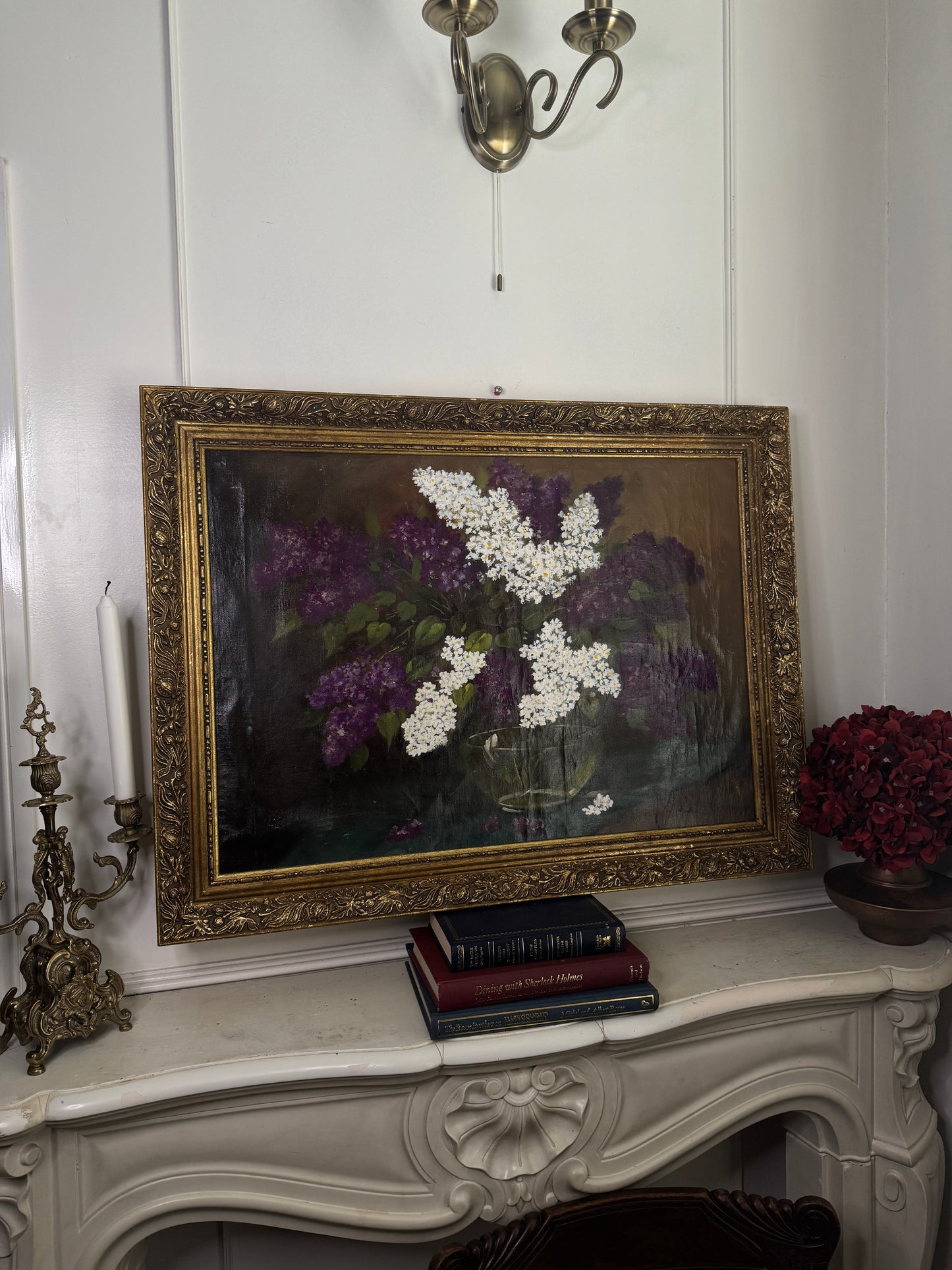 Large Imported Hungarian Oil Painting of Lilac in Ornate Gold Gilt Frame