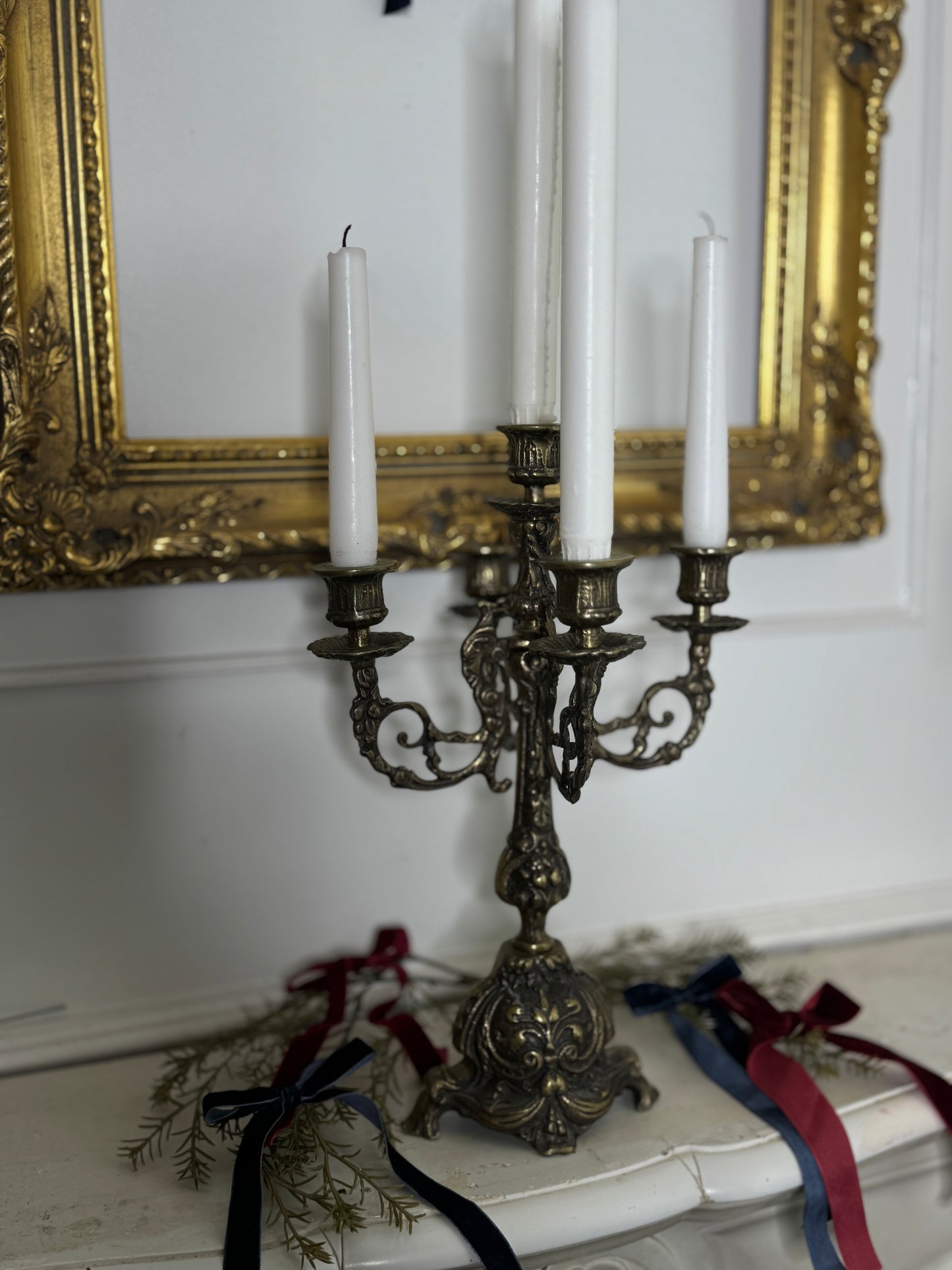 Vintage Rococo Style Brass Candelabra, Large Ornate 5-Arm Candlestick Holder