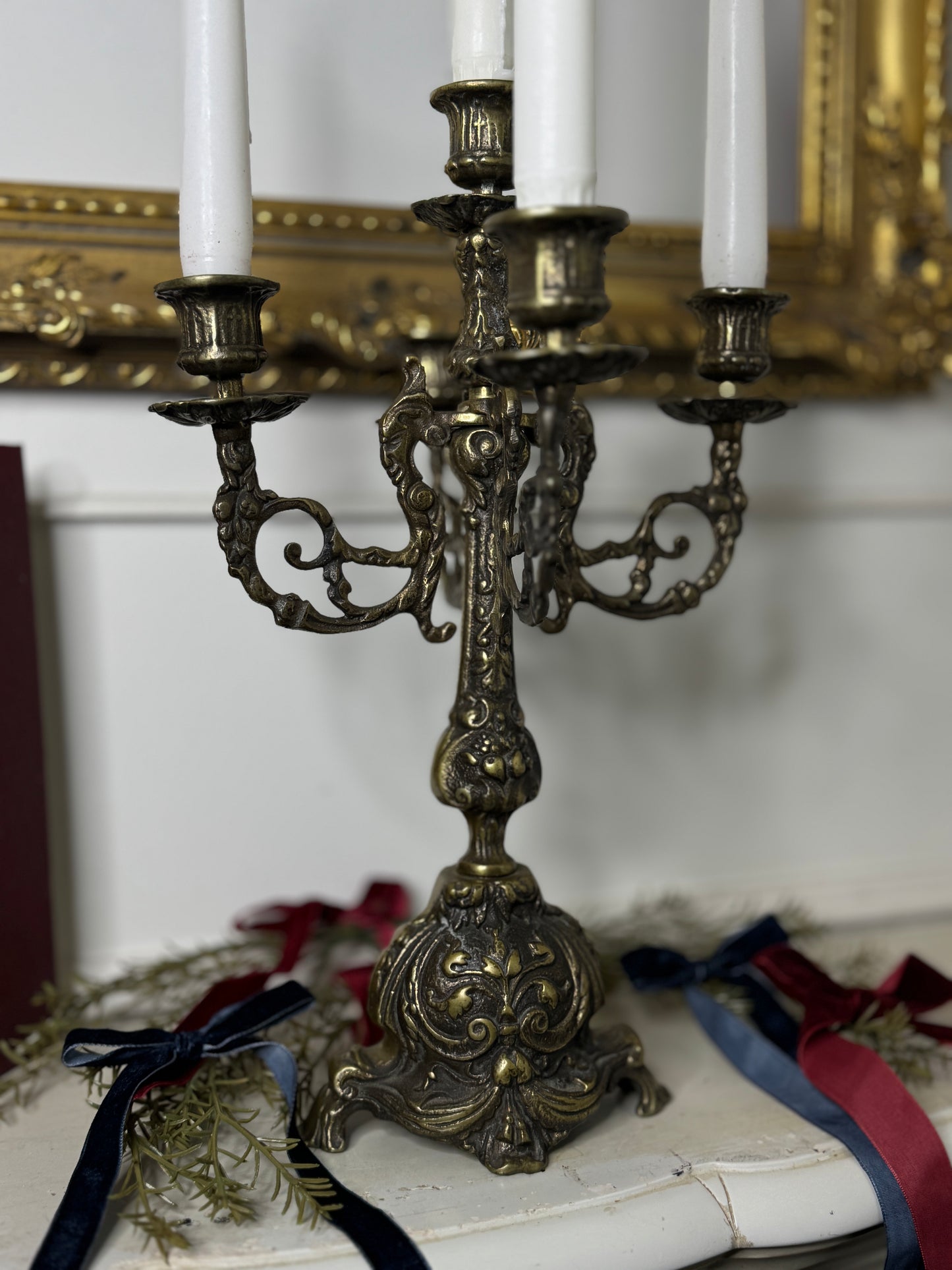 Vintage Rococo Style Brass Candelabra, Large Ornate 5-Arm Candlestick Holder