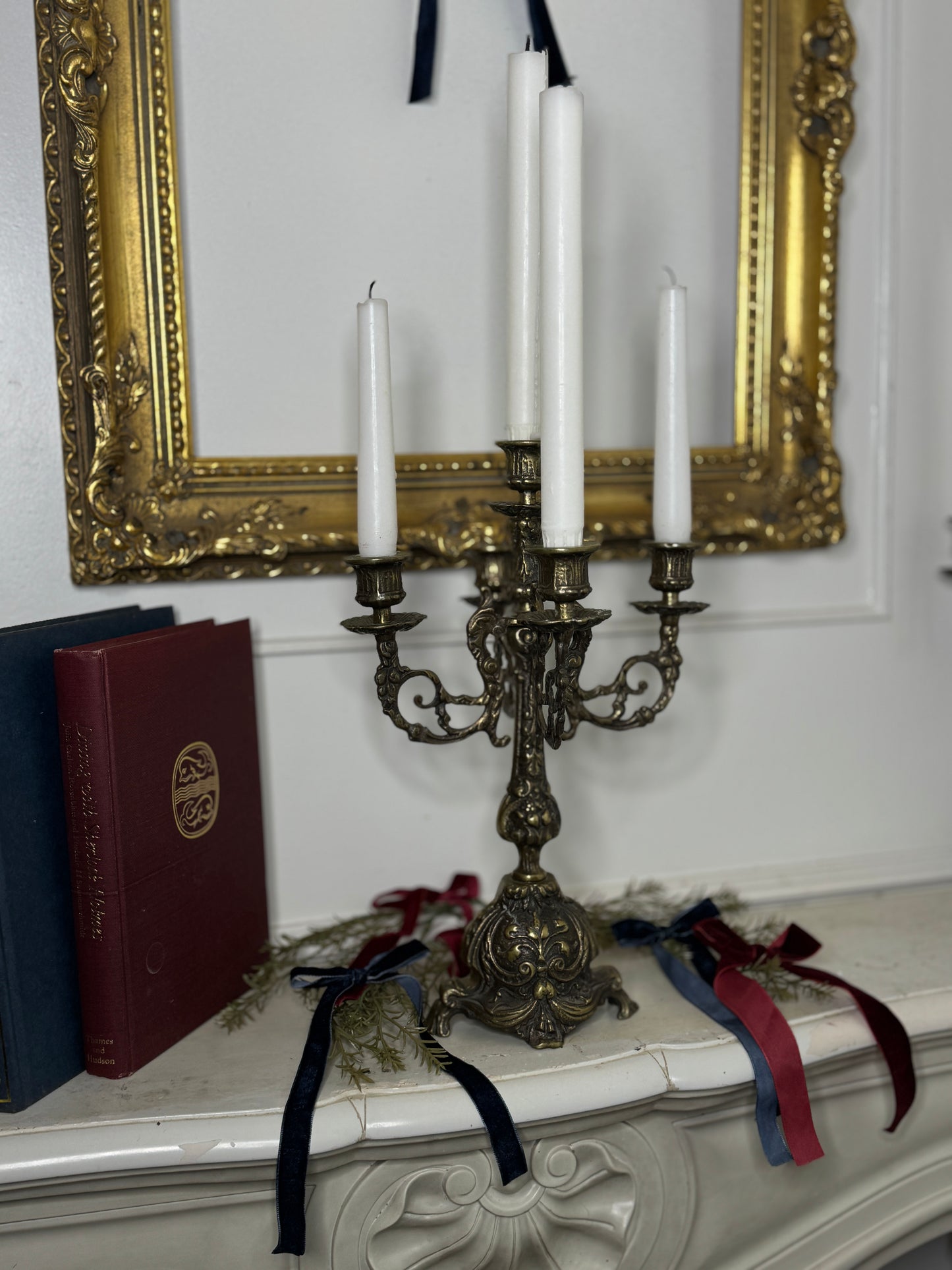 Vintage Rococo Style Brass Candelabra, Large Ornate 5-Arm Candlestick Holder