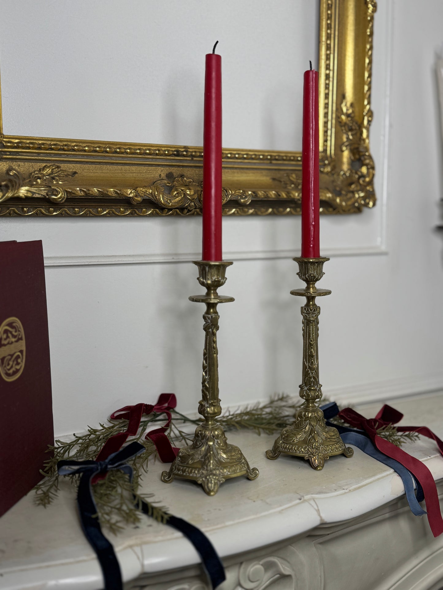 Vintage Rococo Style Heavy Brass Single Candelabra, Ornate Candlestick Holder Pair