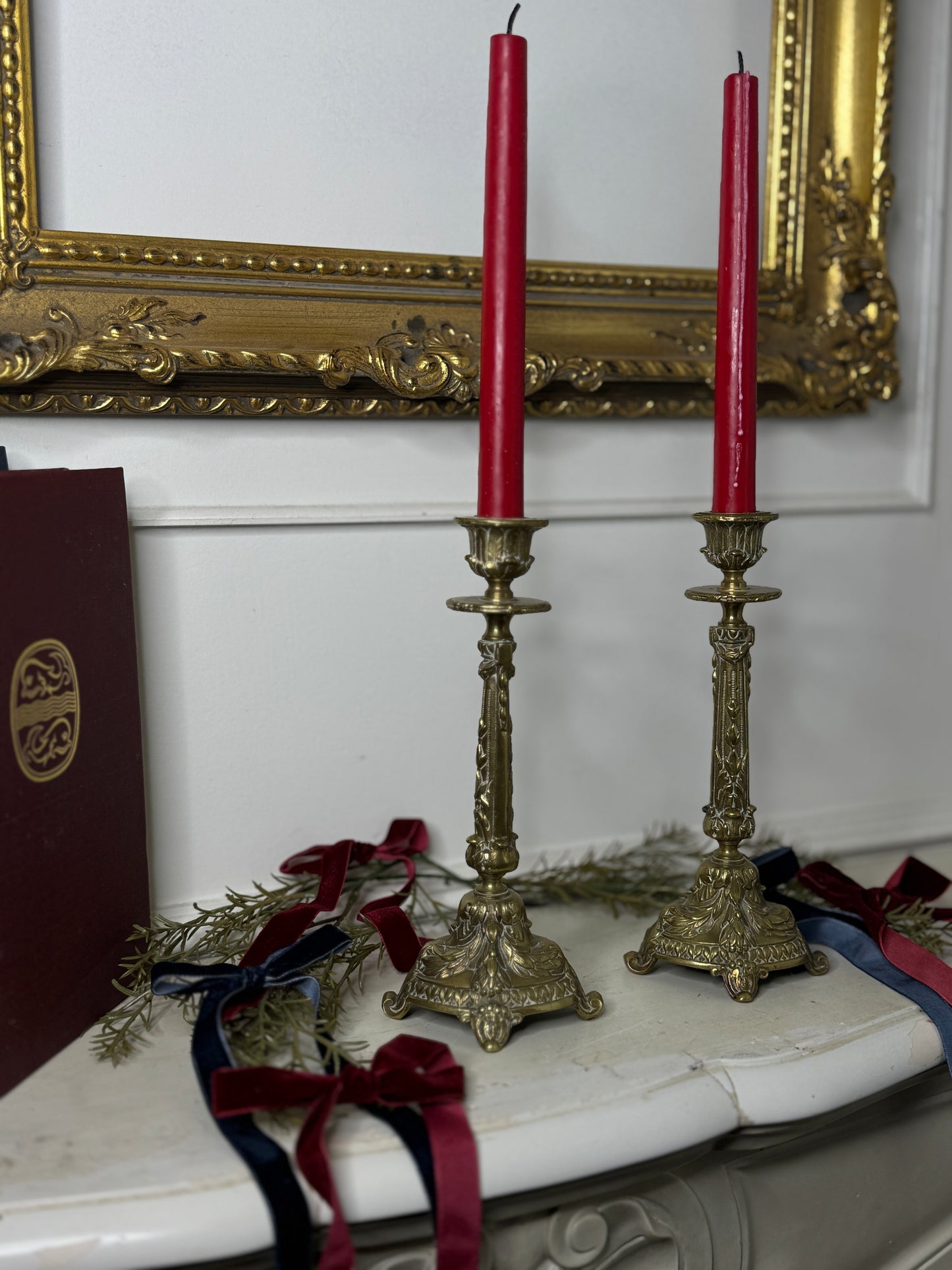 Vintage Rococo Style Heavy Brass Single Candelabra, Ornate Candlestick Holder Pair