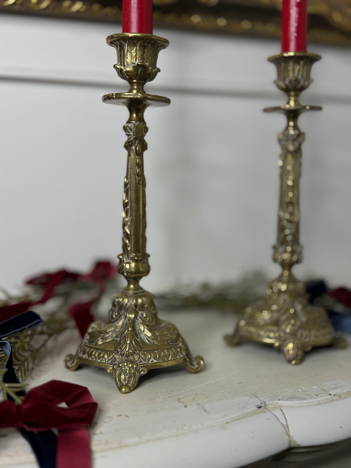 Vintage Rococo Style Heavy Brass Single Candelabra, Ornate Candlestick Holder Pair