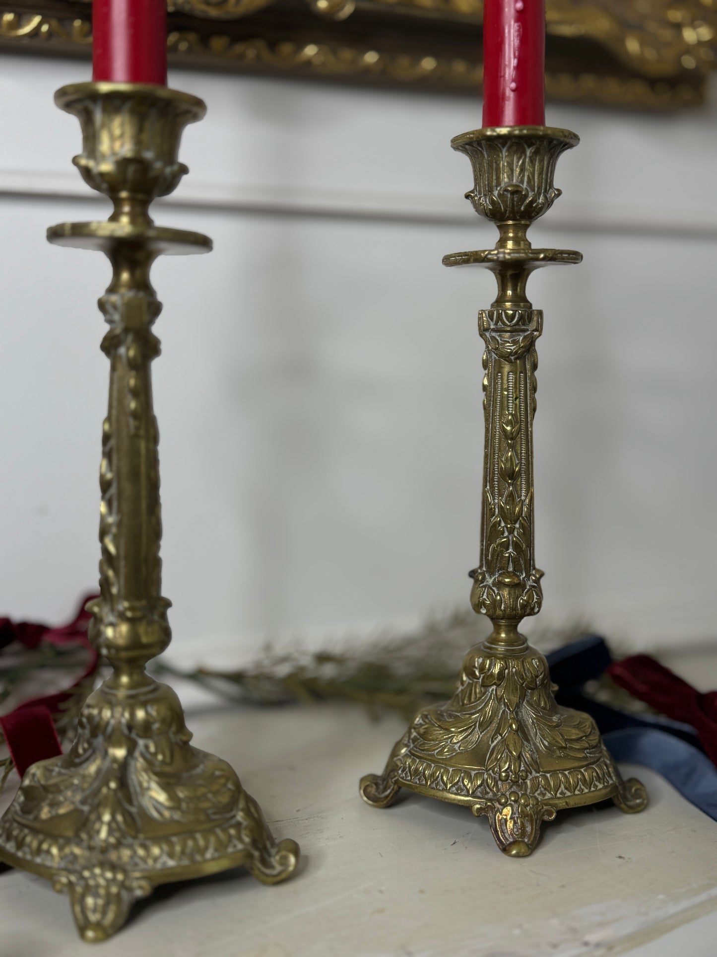 Vintage Rococo Style Heavy Brass Single Candelabra, Ornate Candlestick Holder Pair