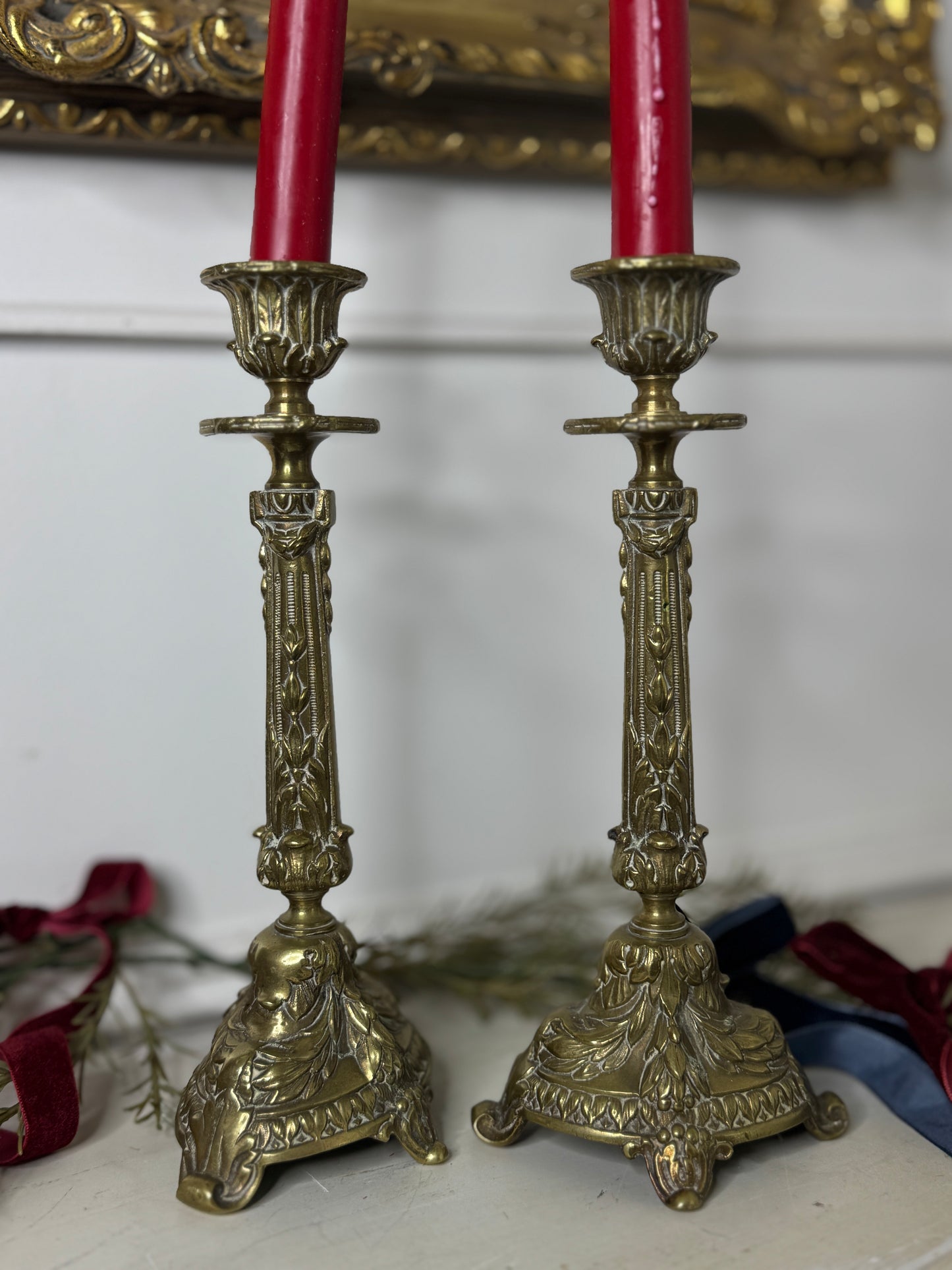 Vintage Rococo Style Heavy Brass Single Candelabra, Ornate Candlestick Holder Pair
