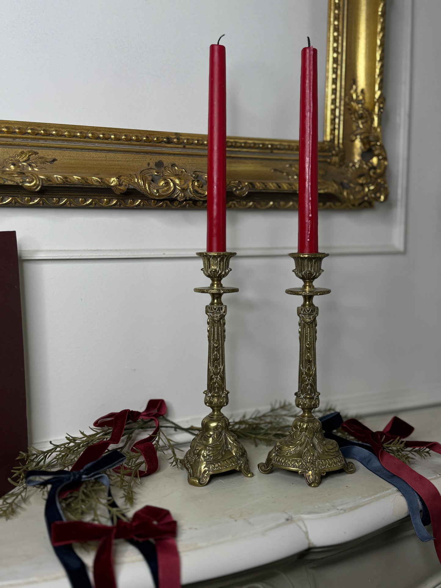 Vintage Rococo Style Heavy Brass Single Candelabra, Ornate Candlestick Holder Pair
