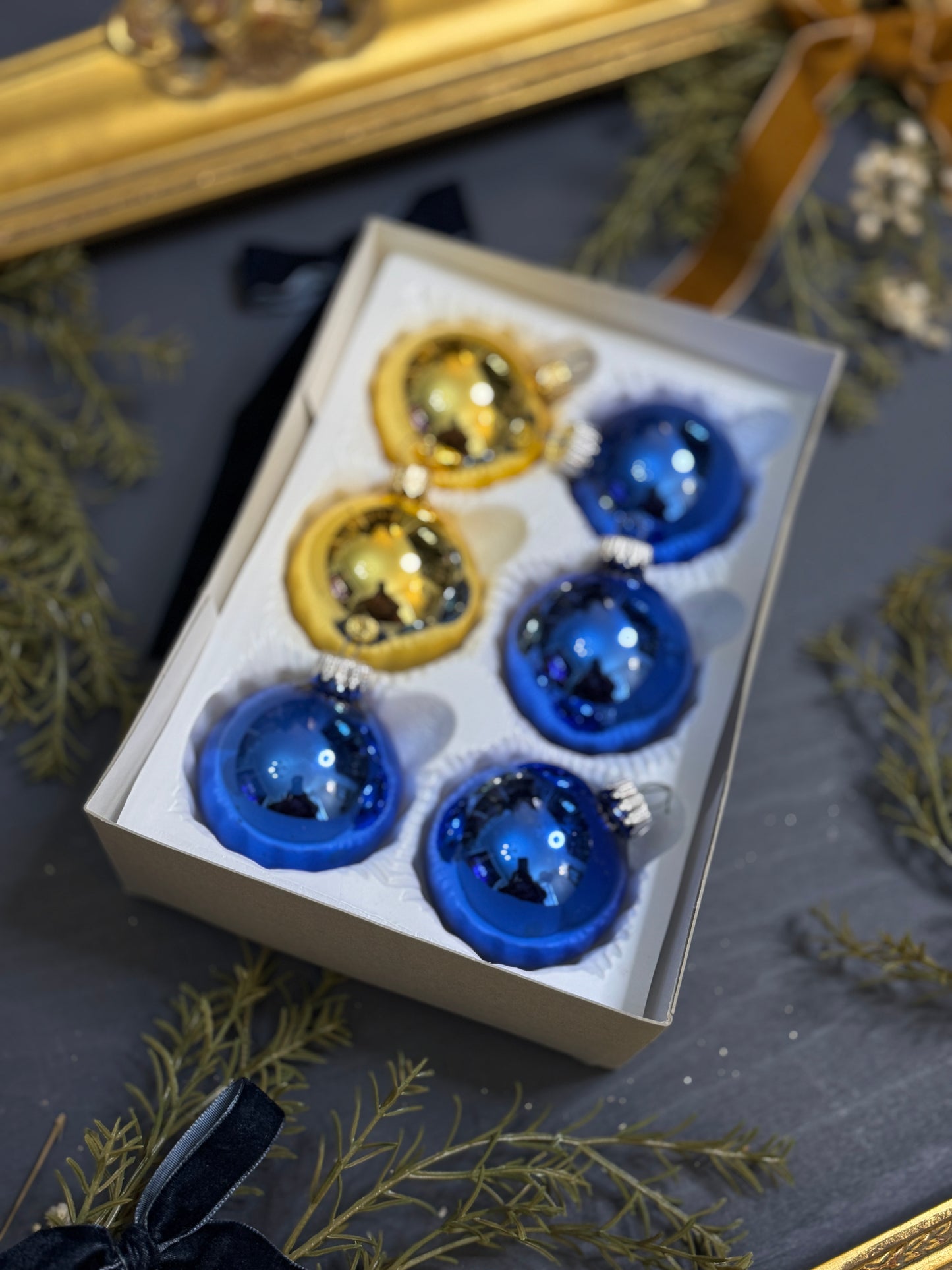 Vintage Polish Glass Christmas Baubles - Gold & Blue