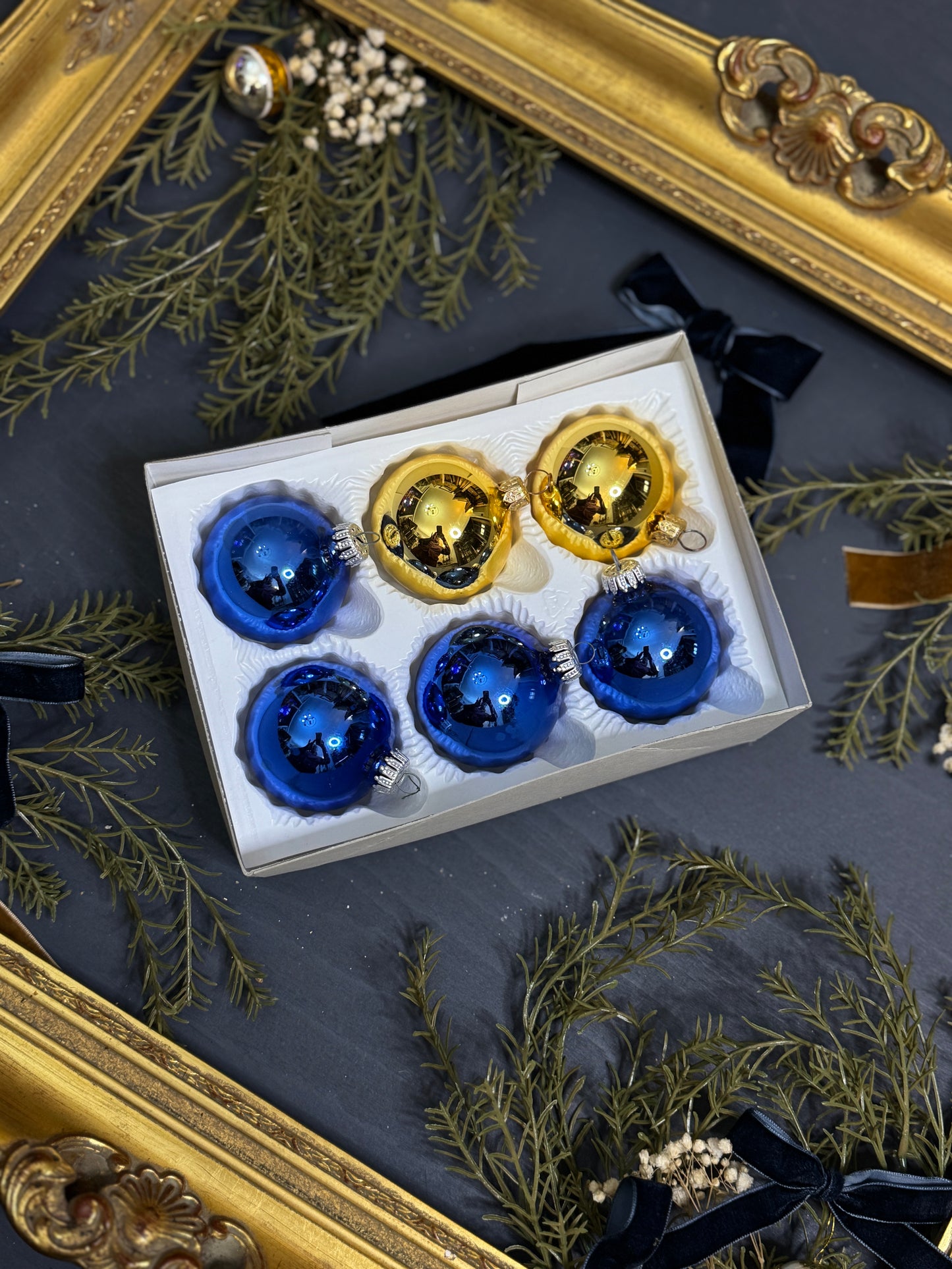 Vintage Polish Glass Christmas Baubles - Gold & Blue