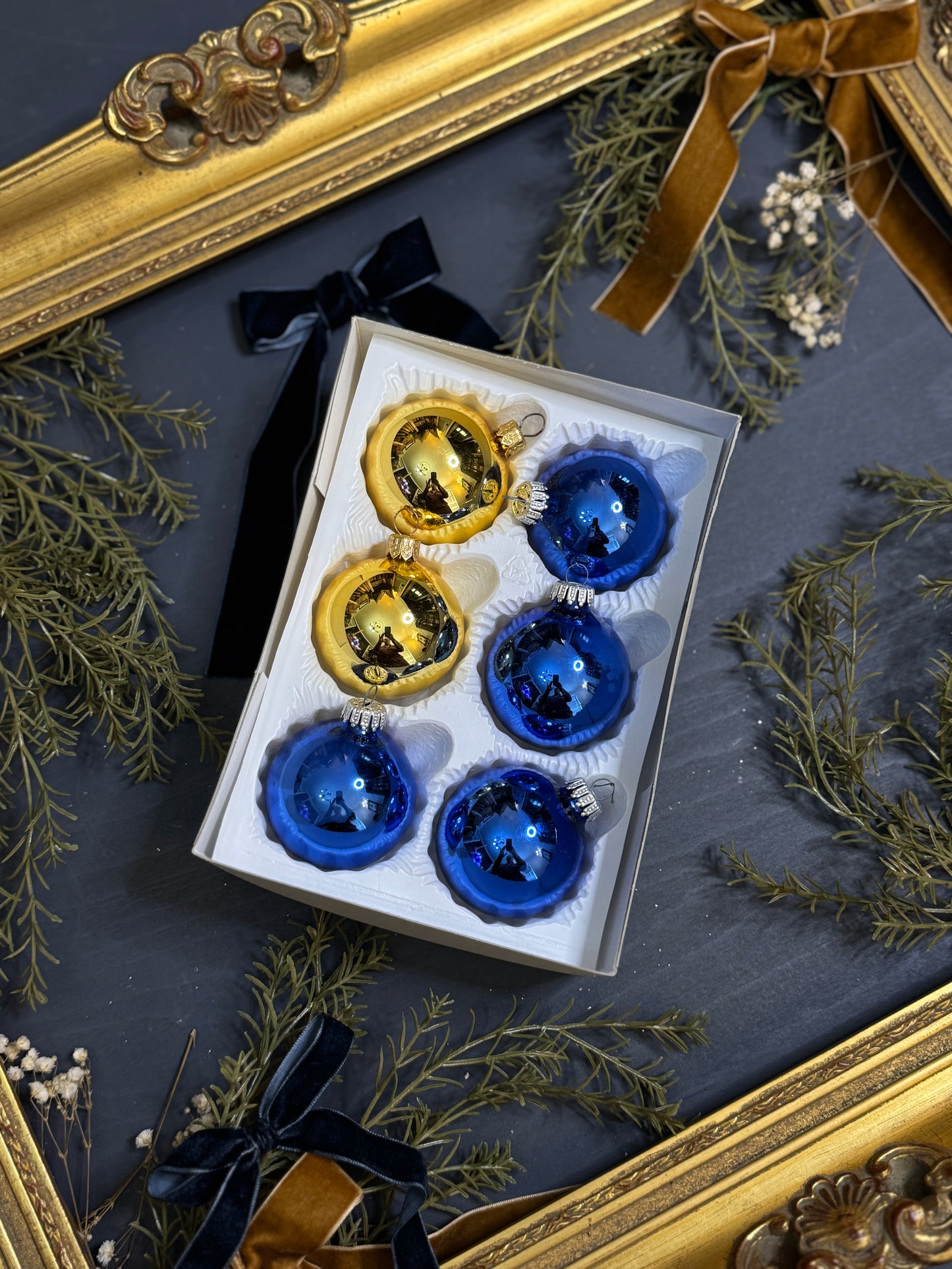 Vintage Polish Glass Christmas Baubles - Gold & Blue