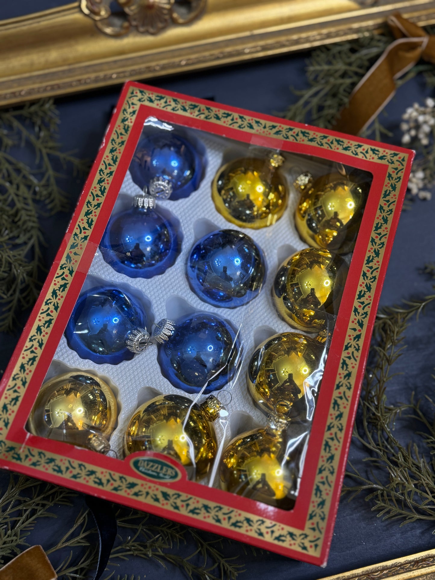 Vintage German Glass Christmas Bauble Set of 12 -Gold & Blue