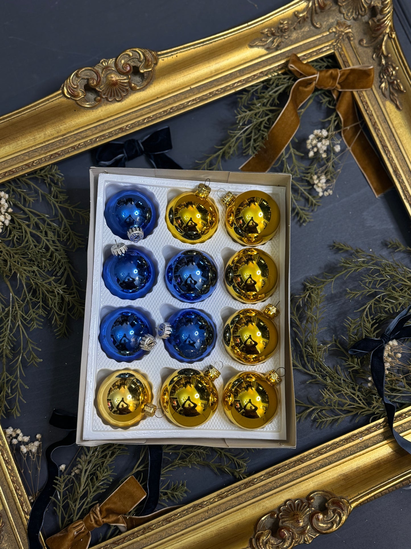 Vintage German Glass Christmas Bauble Set of 12 -Gold & Blue