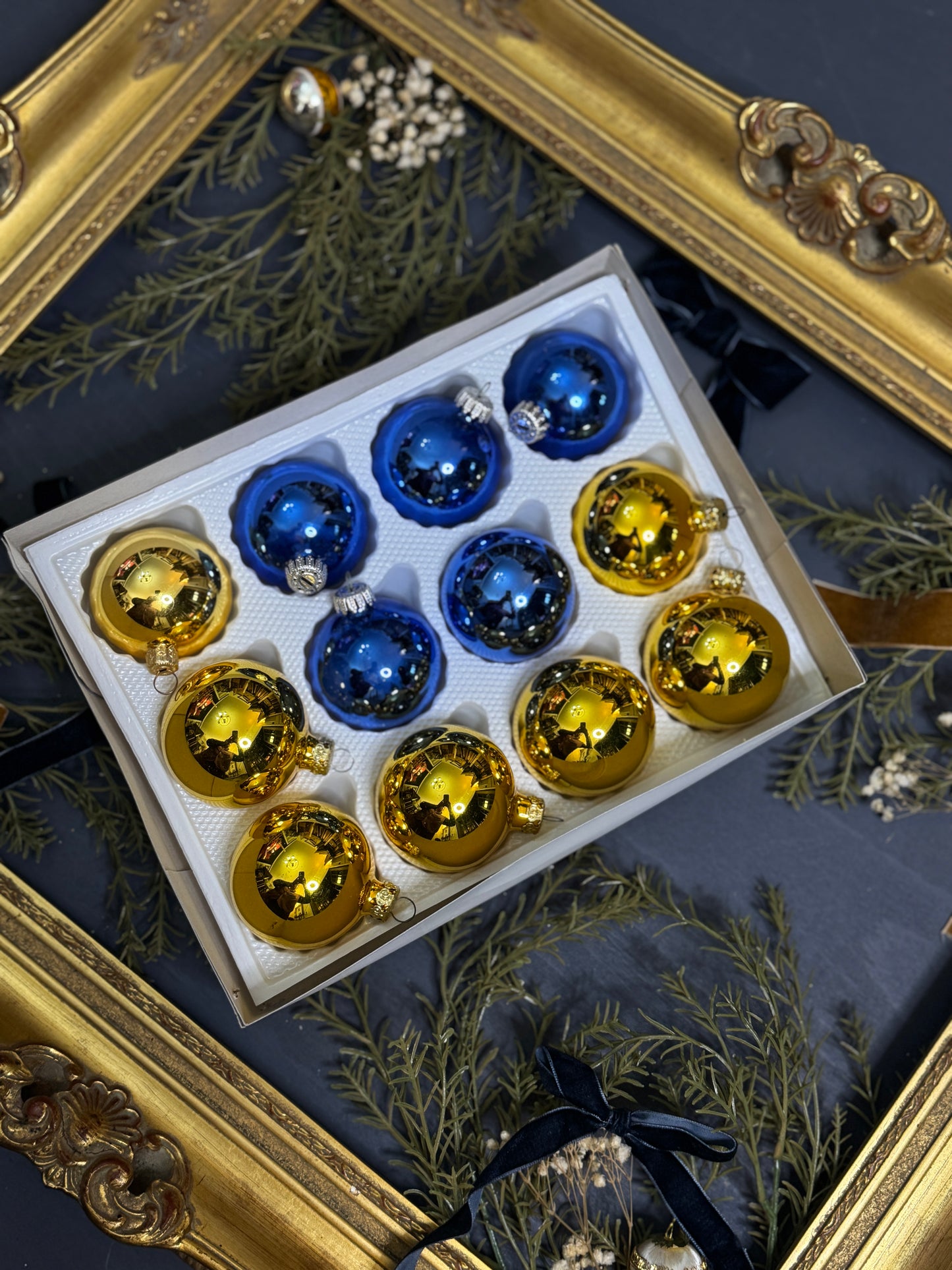 Vintage German Glass Christmas Bauble Set of 12 -Gold & Blue