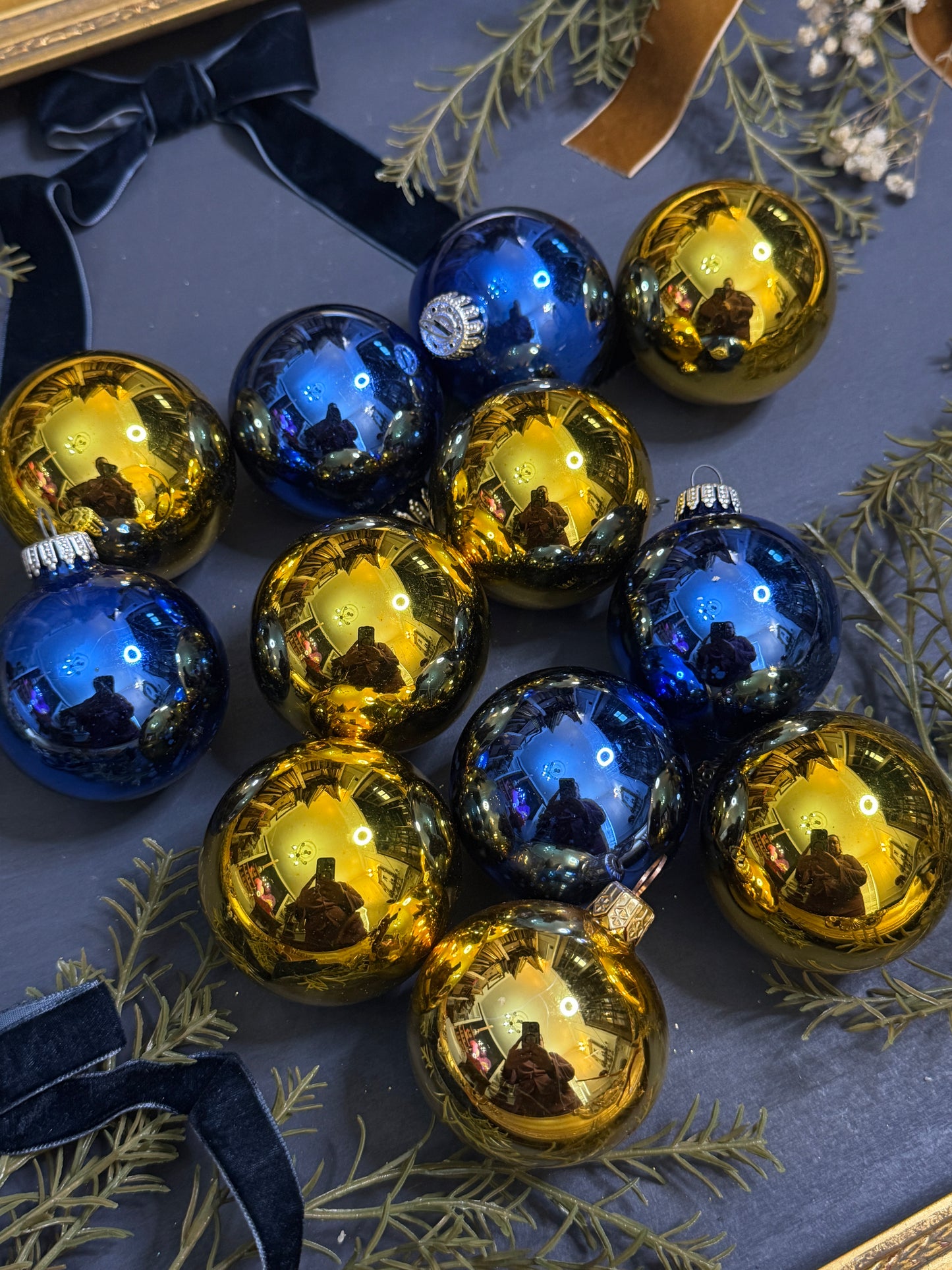 Vintage German Glass Christmas Bauble Set of 12 -Gold & Blue