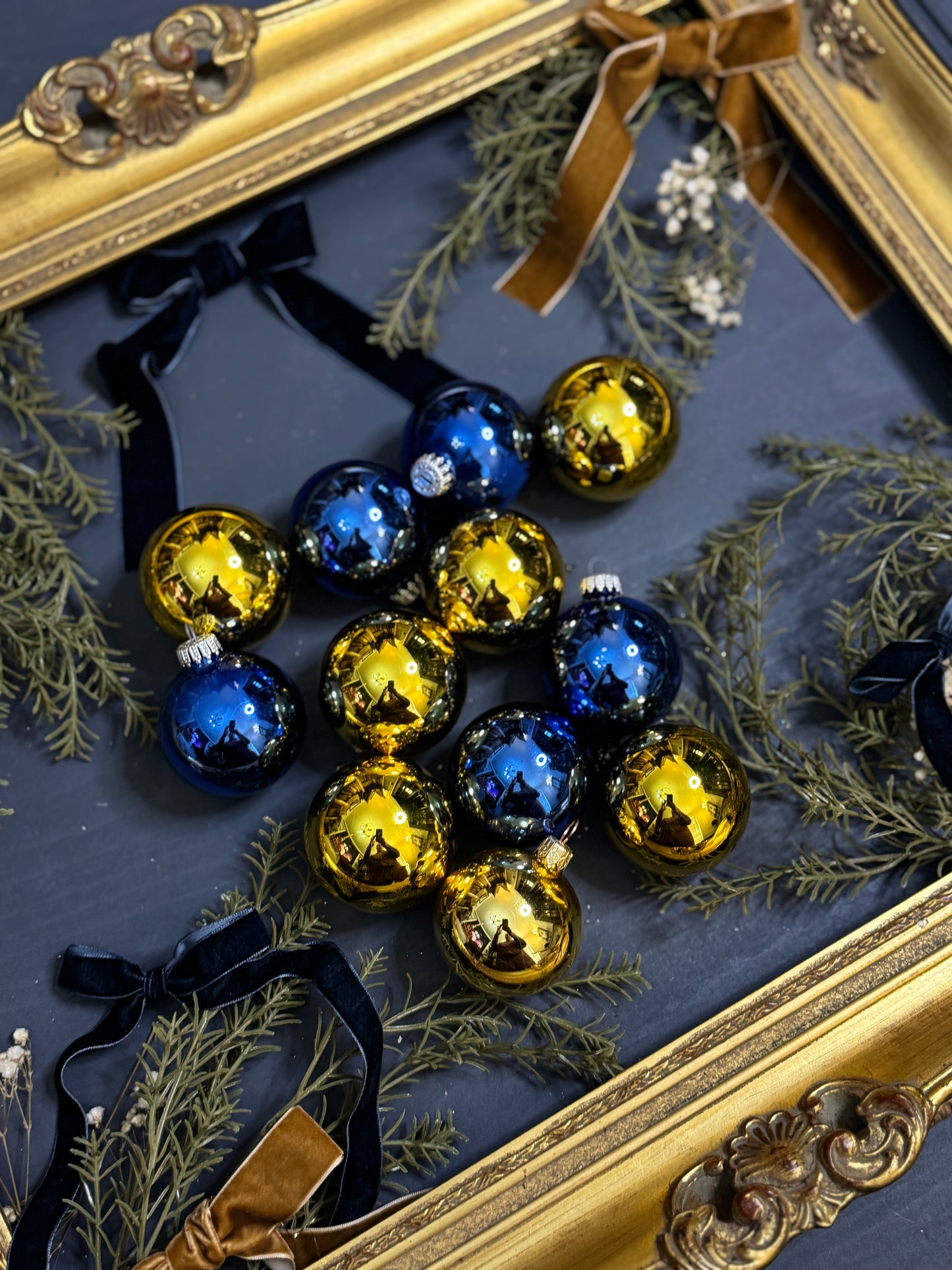 Vintage German Glass Christmas Bauble Set of 12 -Gold & Blue